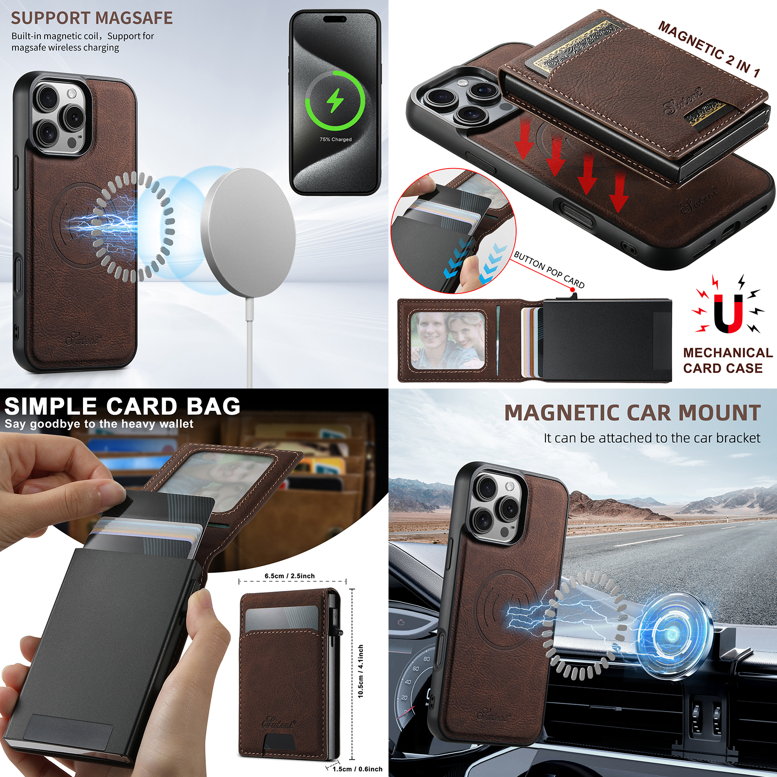 SUTENI H19LZ Magnetic Wireless Charging  Phone Case Card Slot PU Leather Wallet Button Card Box For iPhone 16 Pro Max 15 Plus 14 13 12