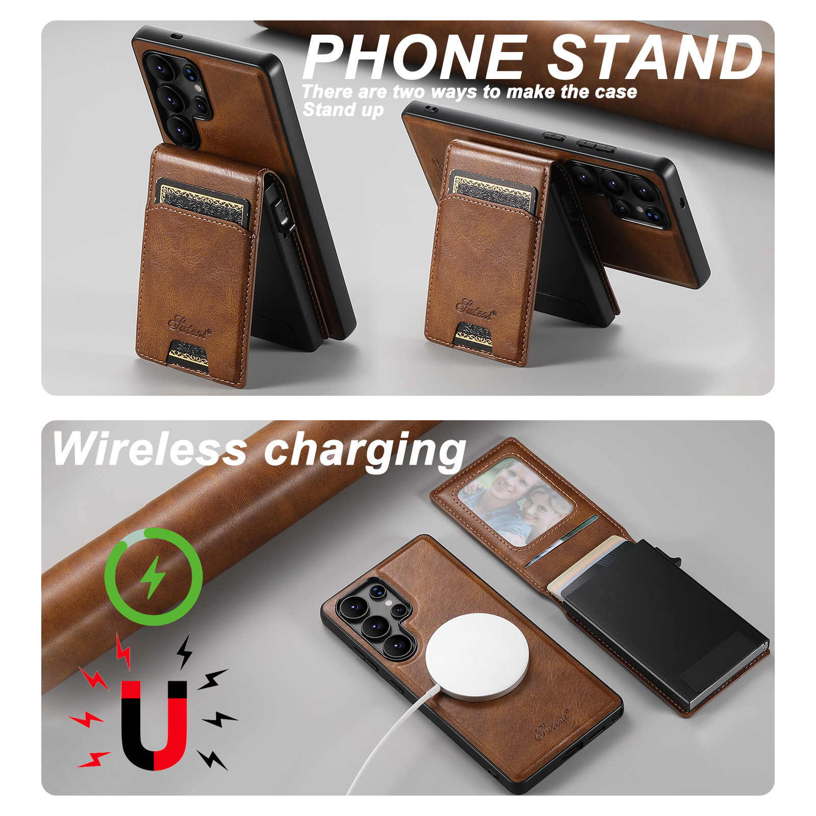 SUTENI H19YL Magnetic Wireless Charging  Phone Case Luxury PU Leather Card Slot Wallet Card Box For Samsung S25Ultra S24Plus S23 S22 Note20