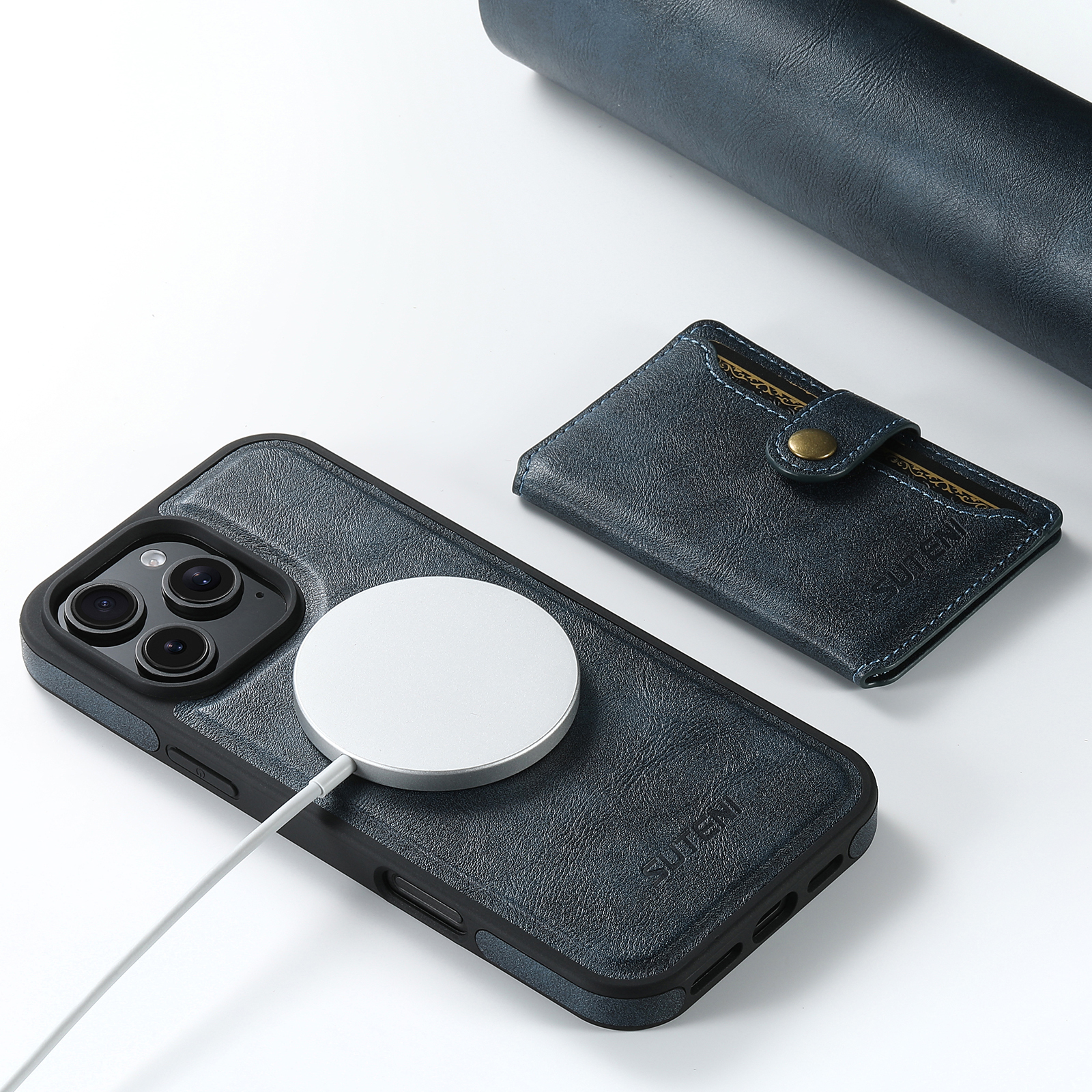 SUTENI M1 Magnetic Wireless Charging PU Leather Button Card Holder Stand Phone Case For iPhone 16 Pro Max 15 Plus 14 Pro 13 12