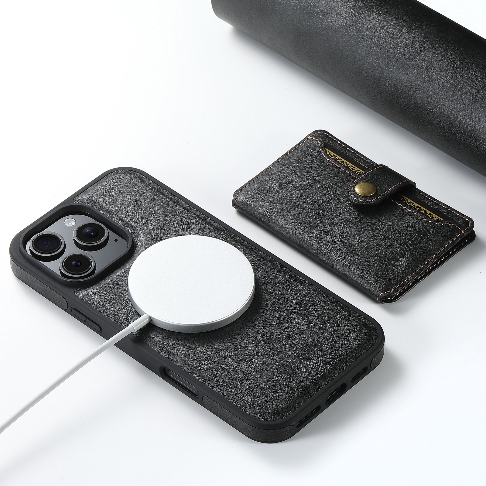 SUTENI M1 Magnetic Wireless Charging PU Leather Button Card Holder Stand Phone Case For iPhone 16 Pro Max 15 Plus 14 Pro 13 12