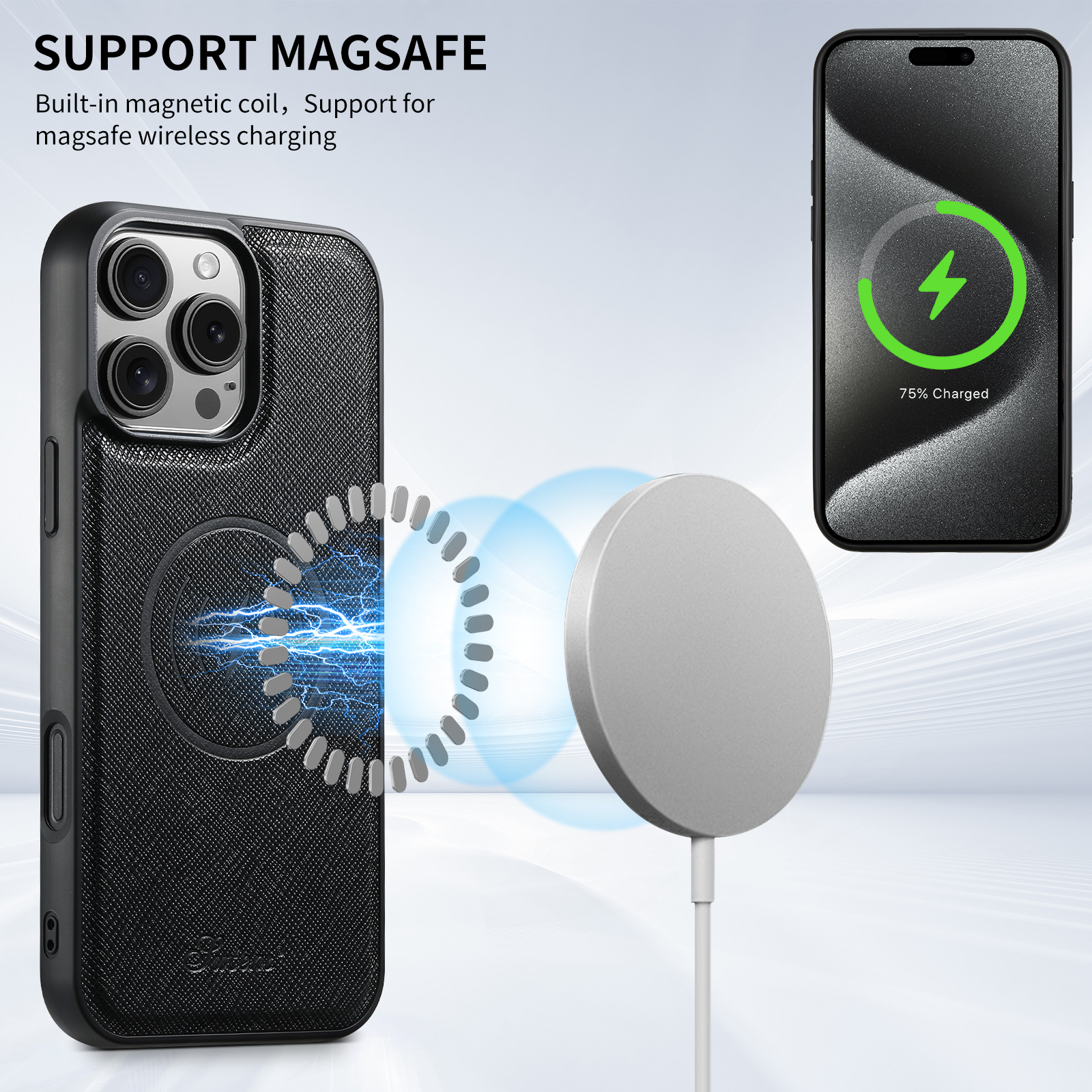 SUTENI H18SZDK Magnet Wireless Charging Phone Case Luxury PU Leather For iPhone 16 Pro Max 15 Plus 14 13 12