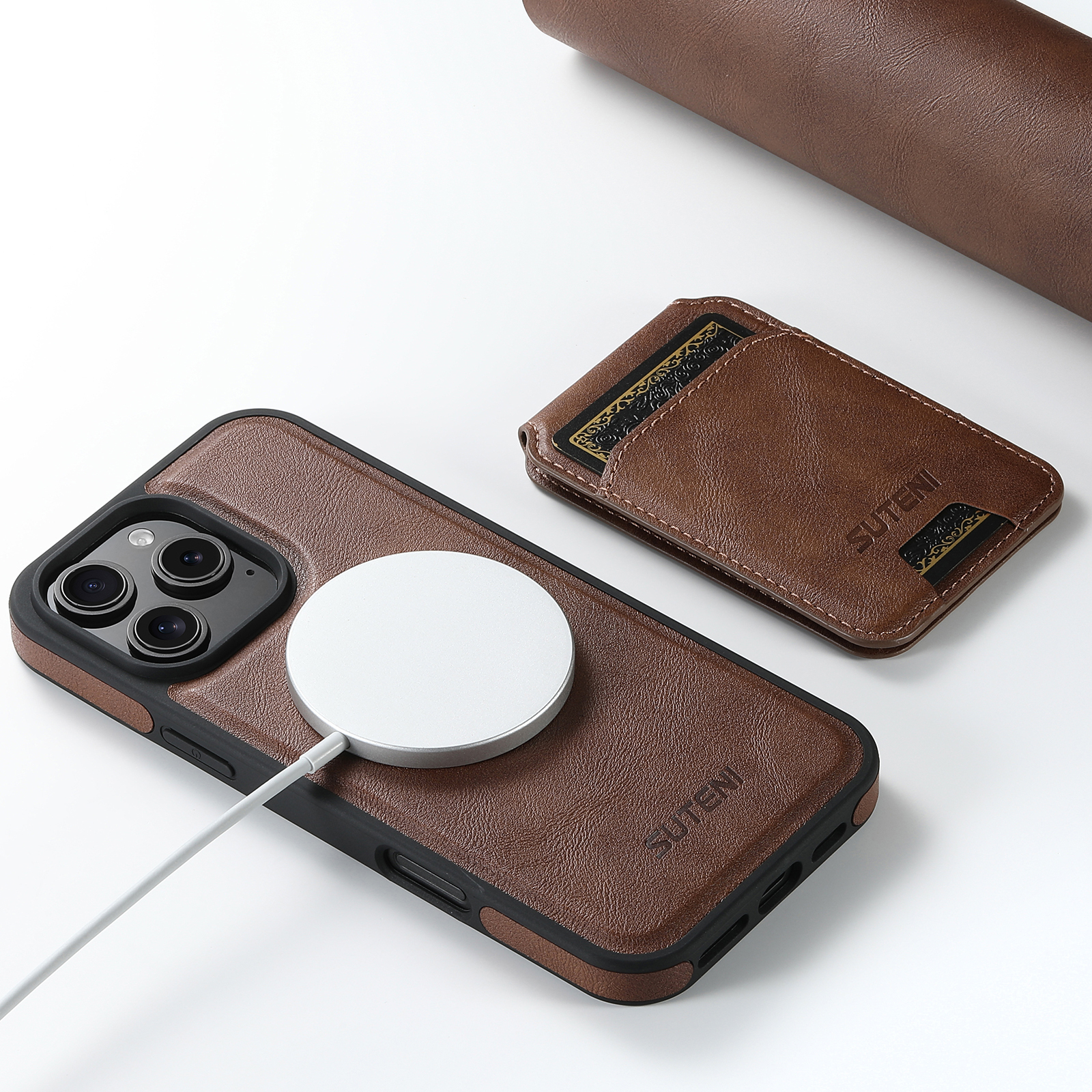SUTENI M2 PU Leather Phone Case Magnet Wireless Charging Card Holder Stand For iPhone 16 Pro Max 15 Plus 14 Pro 13 12