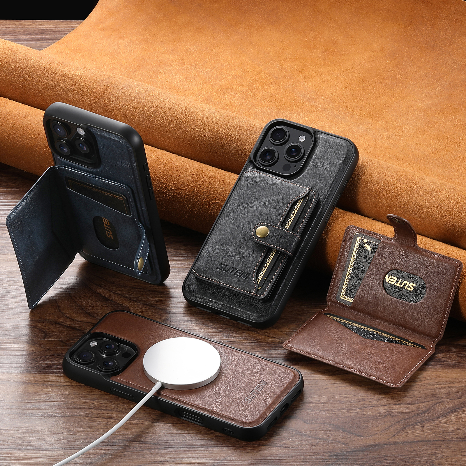 SUTENI M4 Magnet Wireless Charging Luxury PU Leather Phone Case Card Holder Stand For iPhone 16 Pro Max 15 Plus 14 Pro 13 12