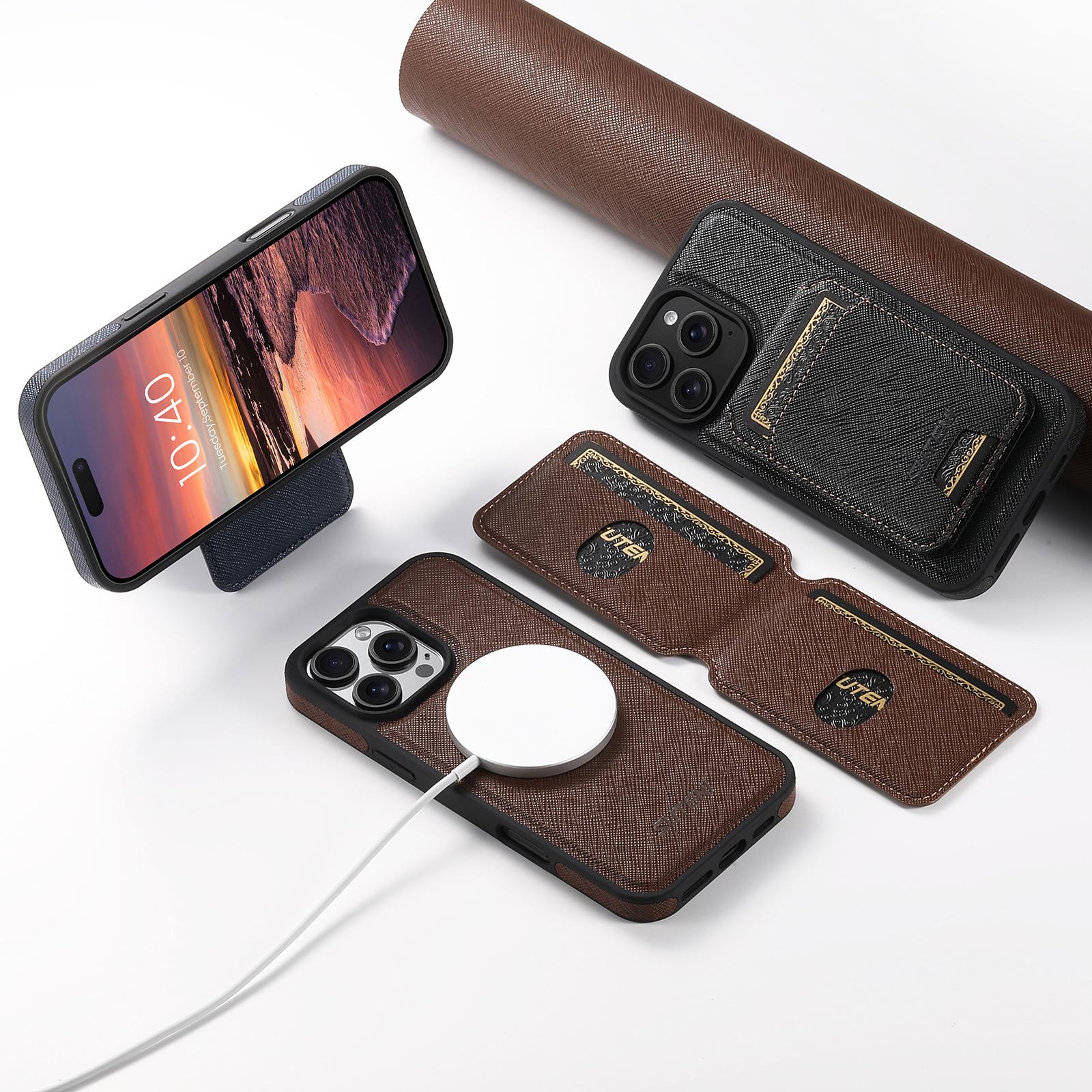SUTENI M2SZ Magnet Wireless Charging PU Leather Phone Case Card Holder Stand For iPhone 16 Pro Max 15 Plus 14 Pro 13 12