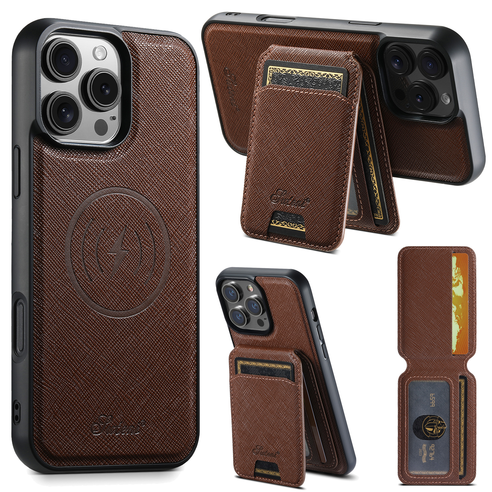SUTENI H18SZ Phone Case Magnet Wireless Charging Card Holder Stand PU Leather For iPhone 16 Pro Max 15 Plus 14 Pro 13 12