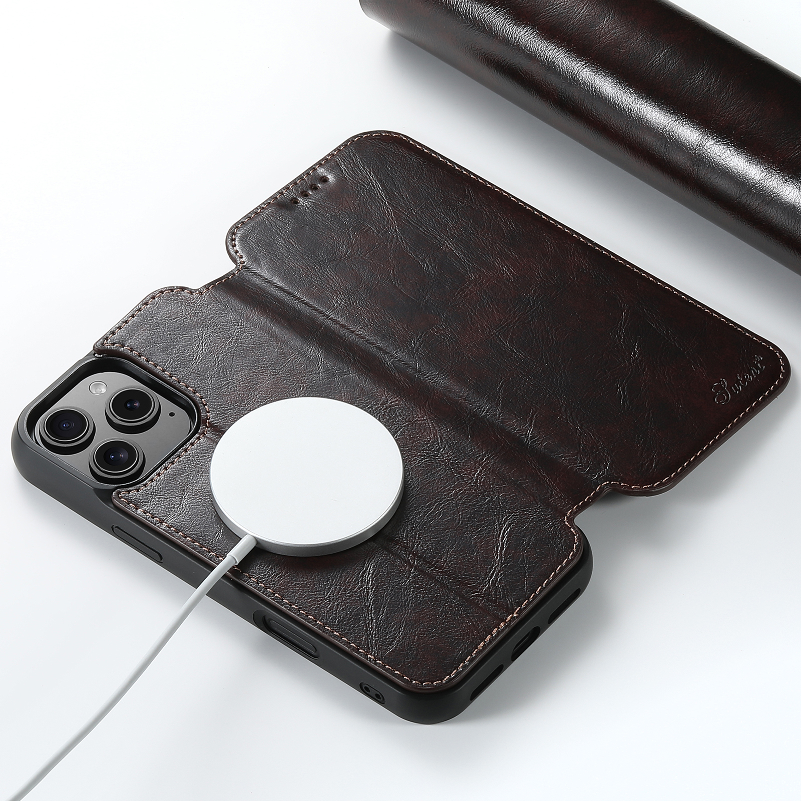 SUTENI J05 PU Leather Wireless Charging 2 In 1 Card Holder Stand Wallet Magnetic buckle Phone Case For iPhone 16 Pro Max 15 Plus 14 13 12
