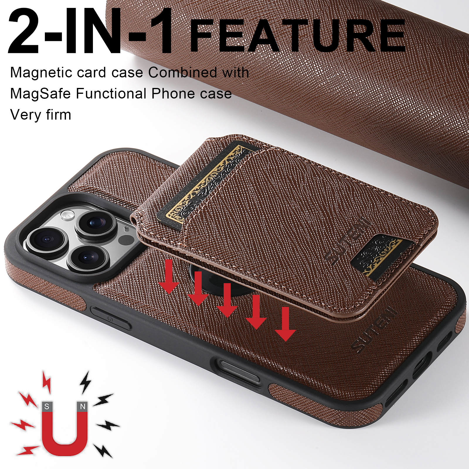 SUTENI M2SZ Magnet Wireless Charging PU Leather Phone Case Card Holder Stand For iPhone 16 Pro Max 15 Plus 14 Pro 13 12