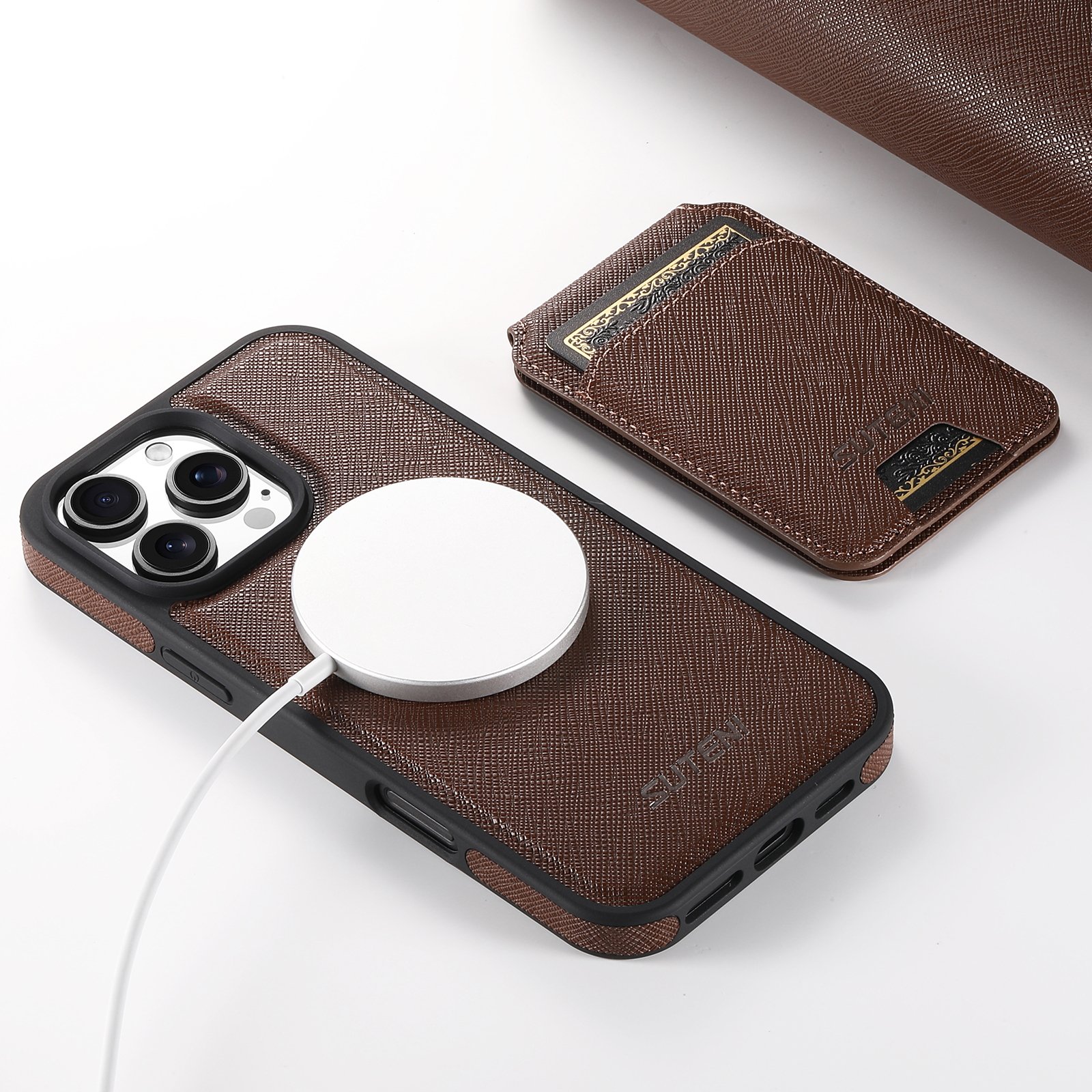 SUTENI M2SZ Magnet Wireless Charging PU Leather Phone Case Card Holder Stand For iPhone 16 Pro Max 15 Plus 14 Pro 13 12