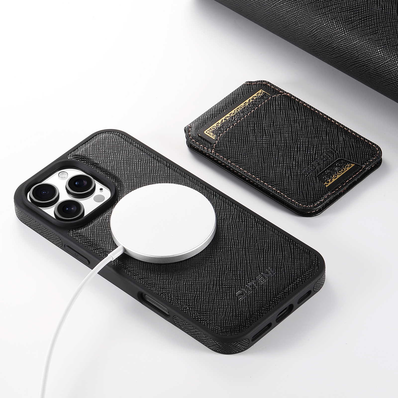 SUTENI M2SZ Magnet Wireless Charging PU Leather Phone Case Card Holder Stand For iPhone 16 Pro Max 15 Plus 14 Pro 13 12