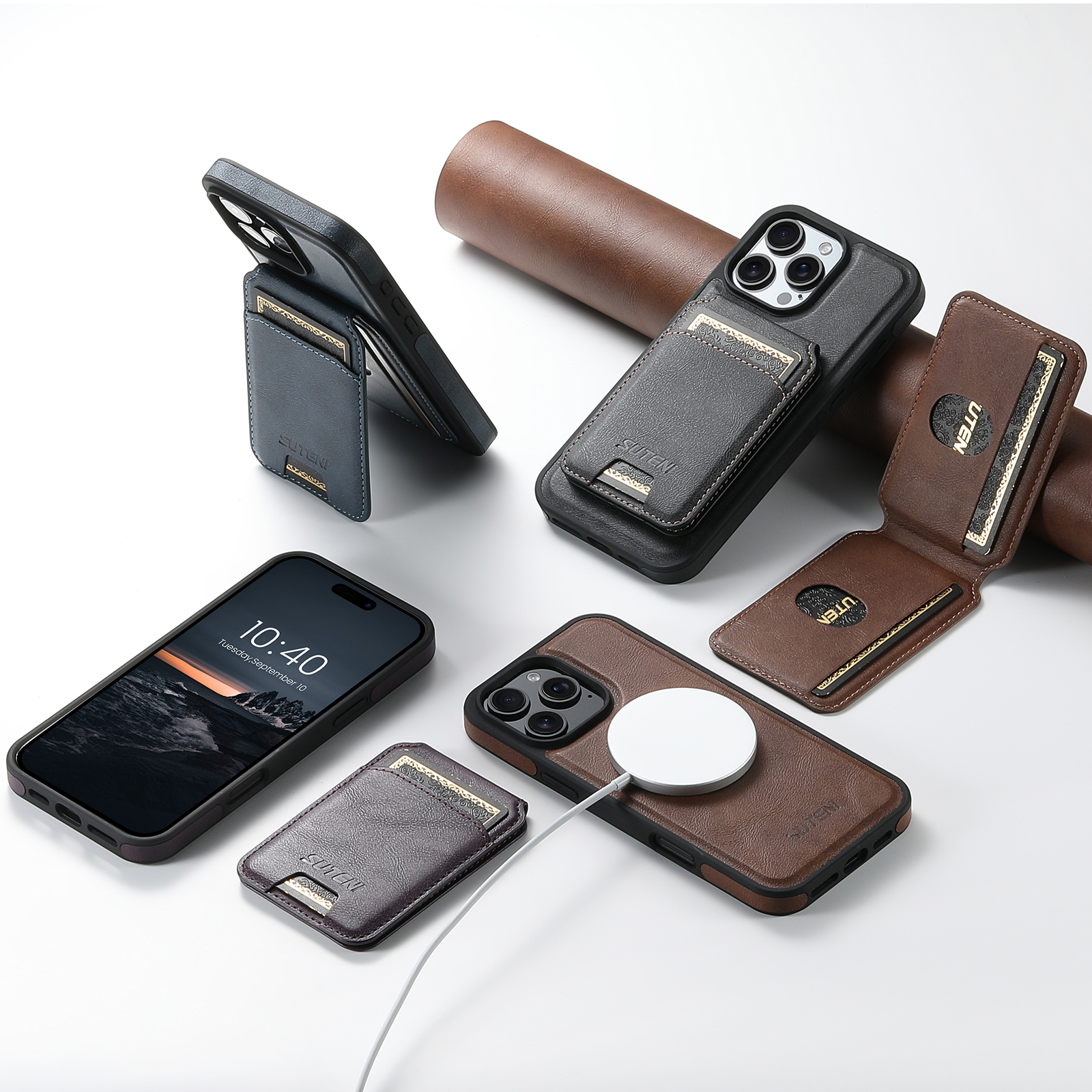 SUTENI M2 PU Leather Phone Case Magnet Wireless Charging Card Holder Stand For iPhone 16 Pro Max 15 Plus 14 Pro 13 12