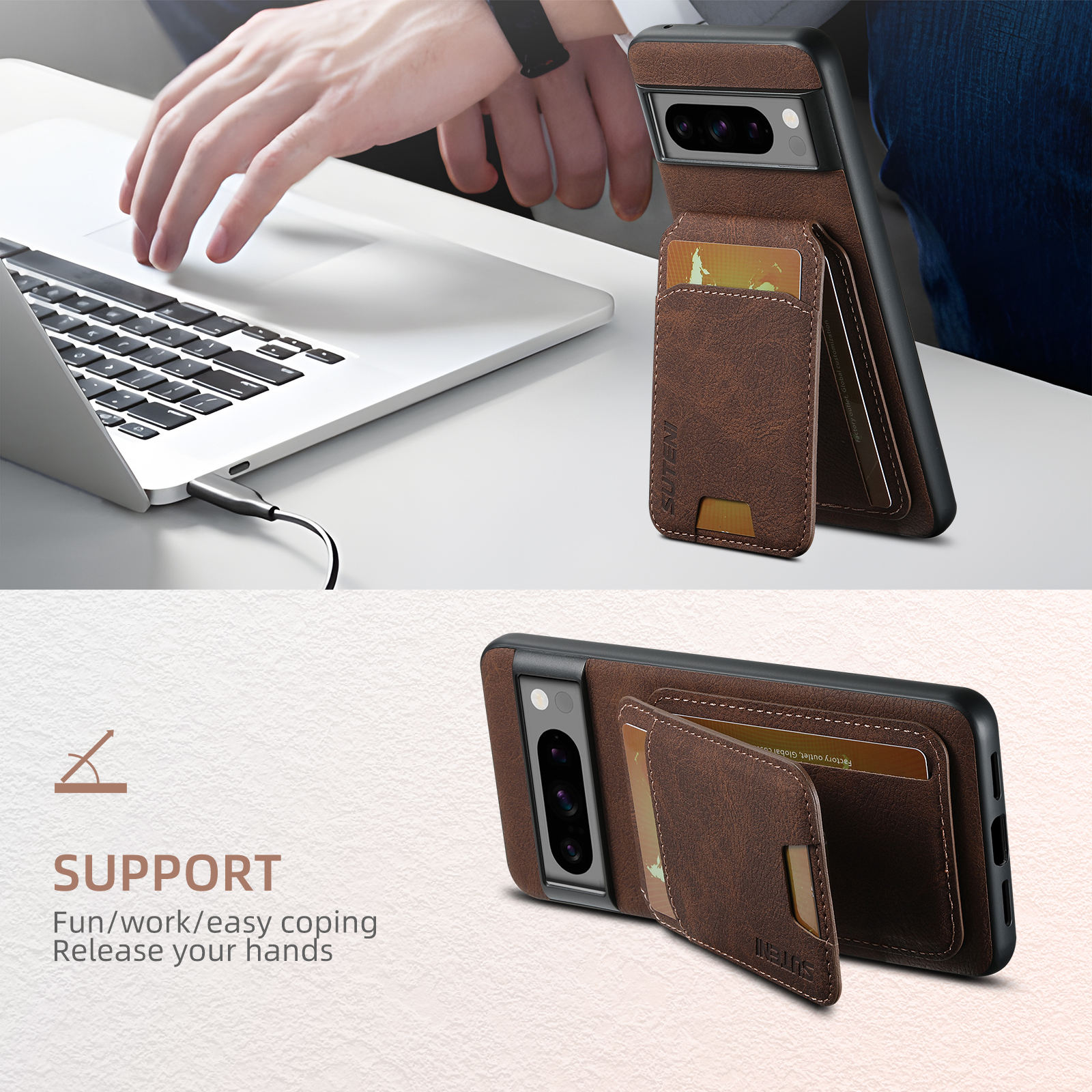 SUTENI H02LZ Luxury PU Leather Stand Card Holder Phone Case Frosted Feel For Google Pixel 9XL 8Pro 7A 6