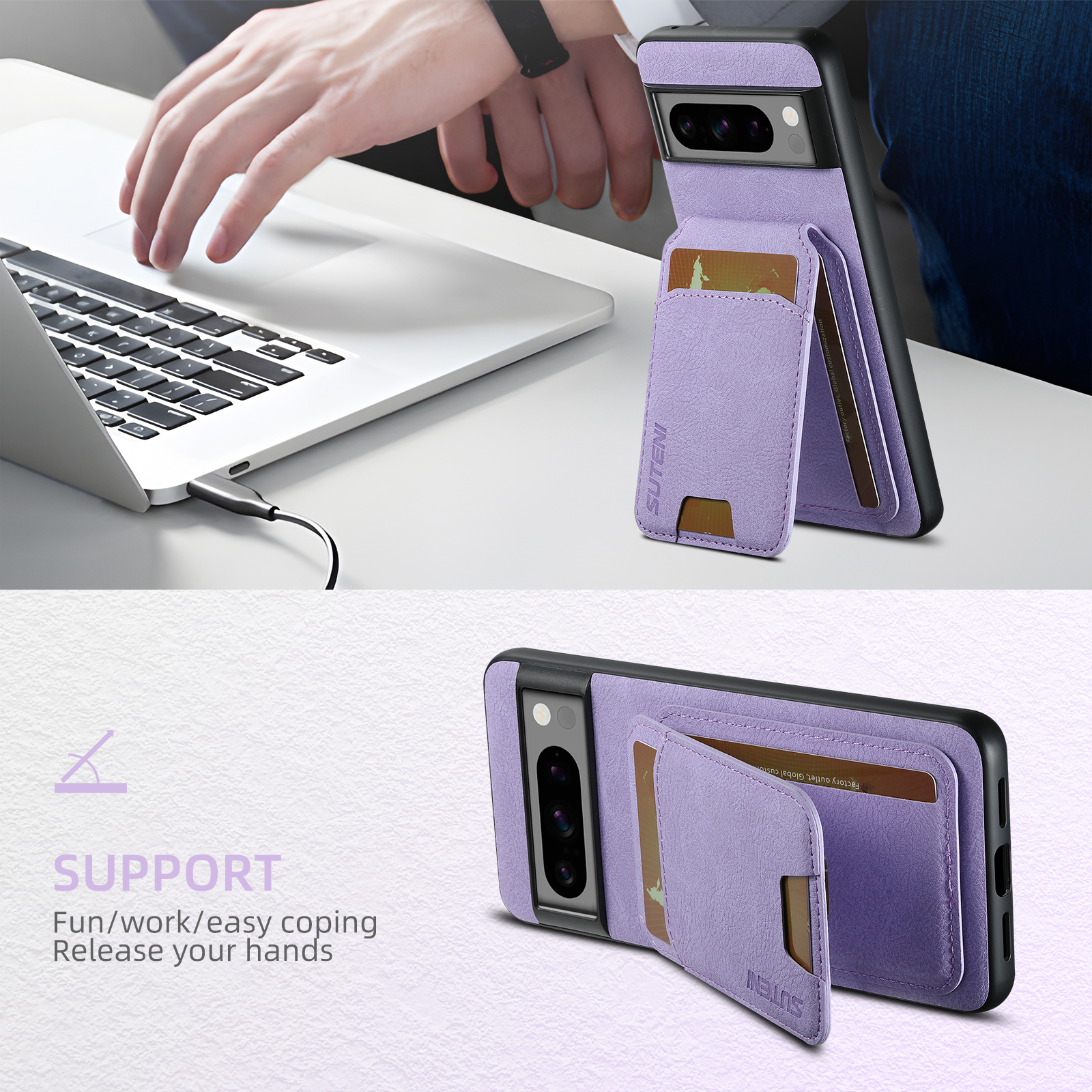 SUTENI H02LZ Luxury Faux Leather Stand Card Holder Phone Case Frosted Feel For Google Pixel 10ProXL 9 8A 7 6