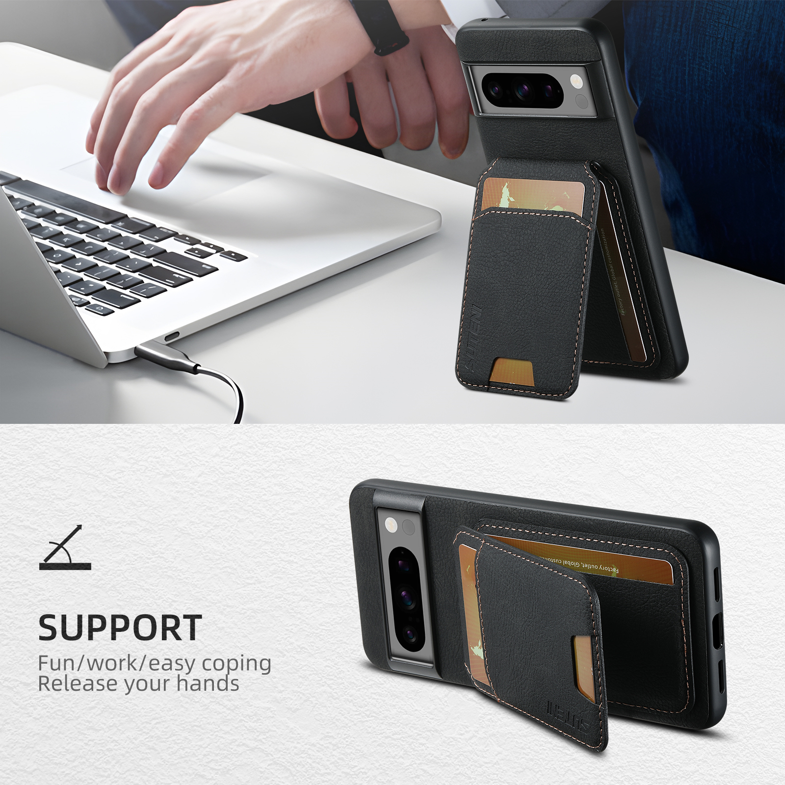 SUTENI H02LZ Luxury PU Leather Stand Card Holder Phone Case Frosted Feel For Google Pixel 9XL 8Pro 7A 6