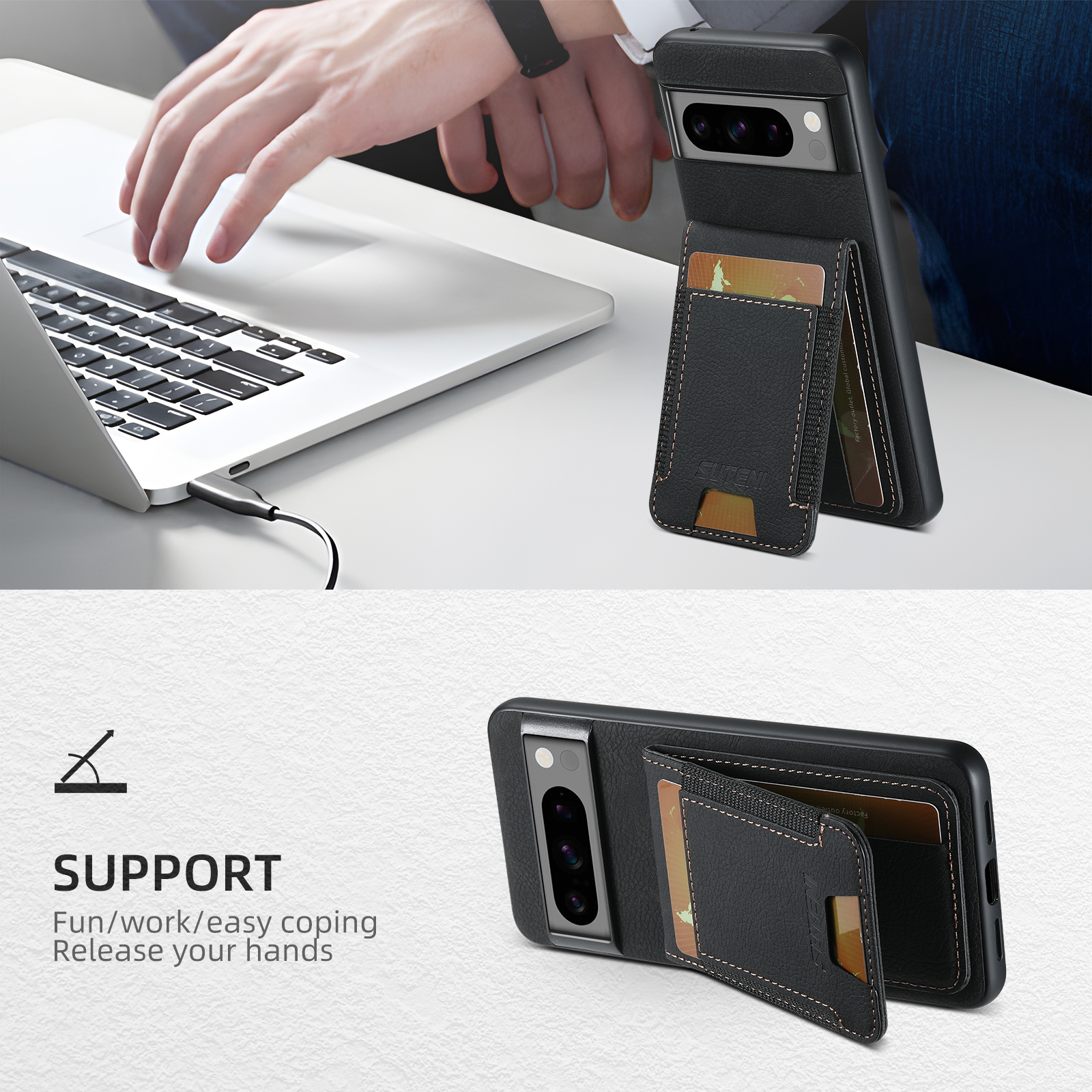SUTENI H03LZ Luxury PU Leather Card Holder Stand Phone Case Frosted Feel For Google Pixel 9XL 8Pro 7A 6