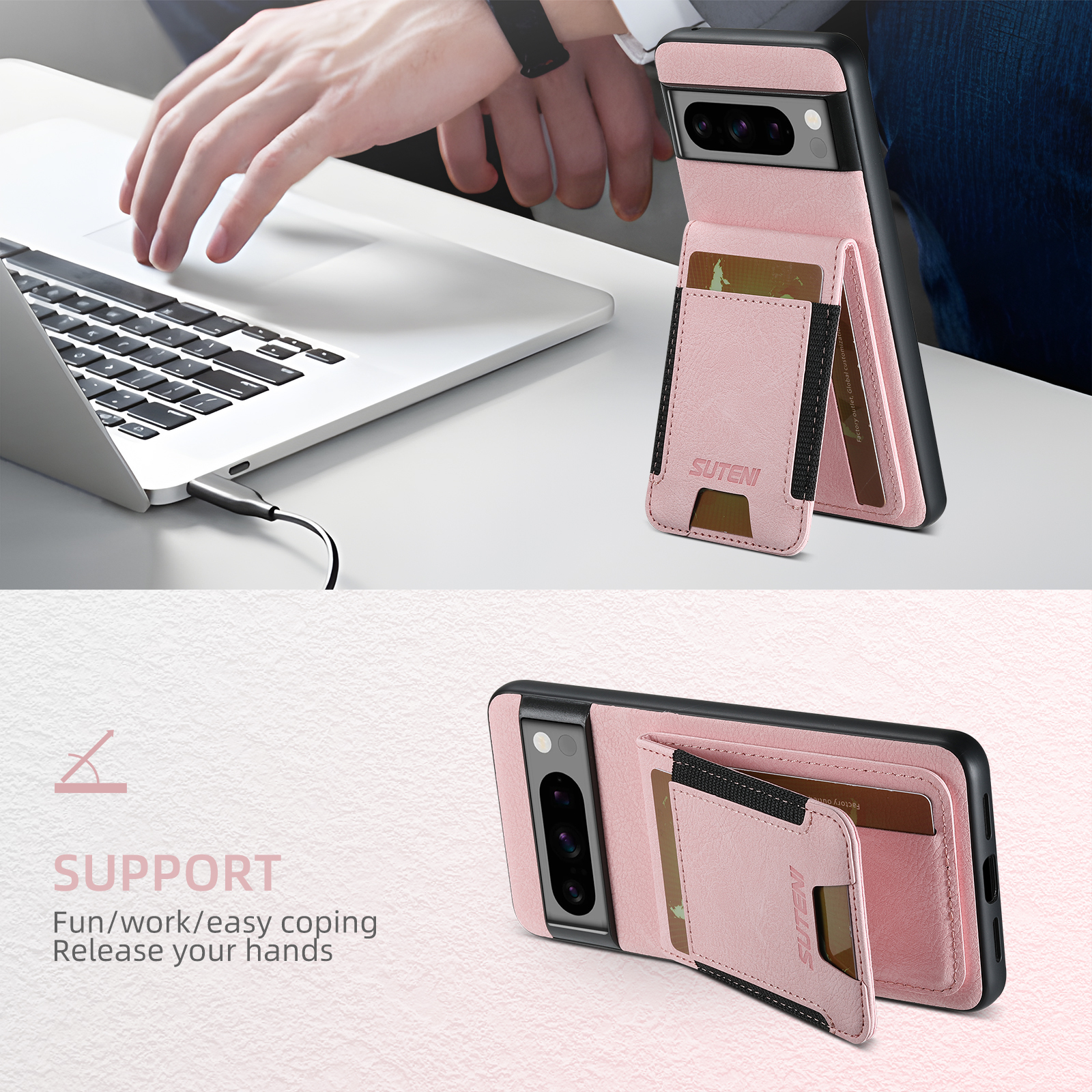 SUTENI H03LZ Luxury Faux Leather Card Holder Stand Phone Case Frosted Feel For Google Pixel 10ProXL 9 8A 7 6