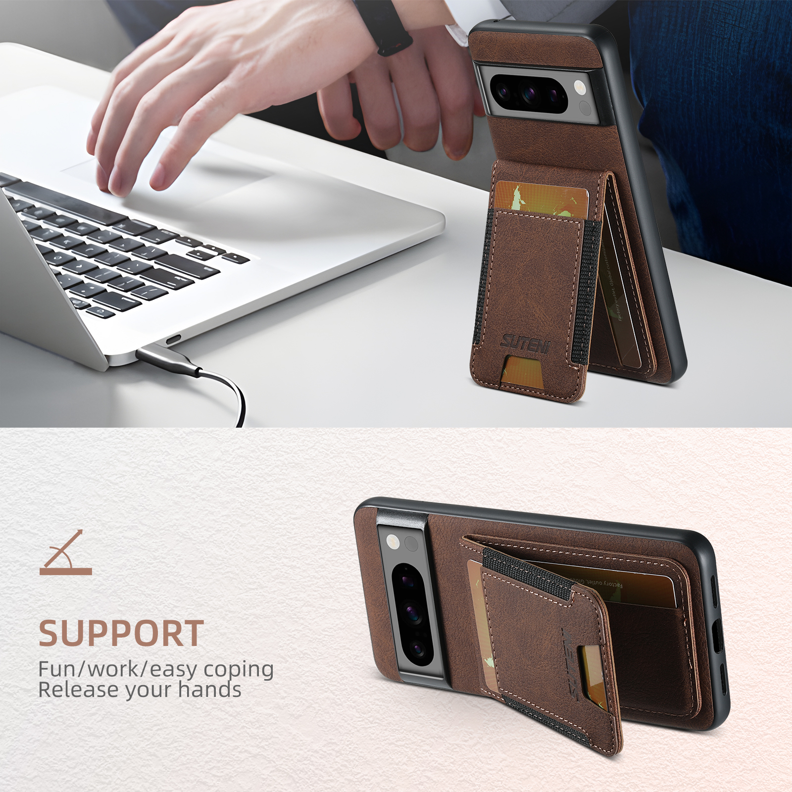 SUTENI H03LZ Luxury PU Leather Card Holder Stand Phone Case Frosted Feel For Google Pixel 9XL 8Pro 7A 6