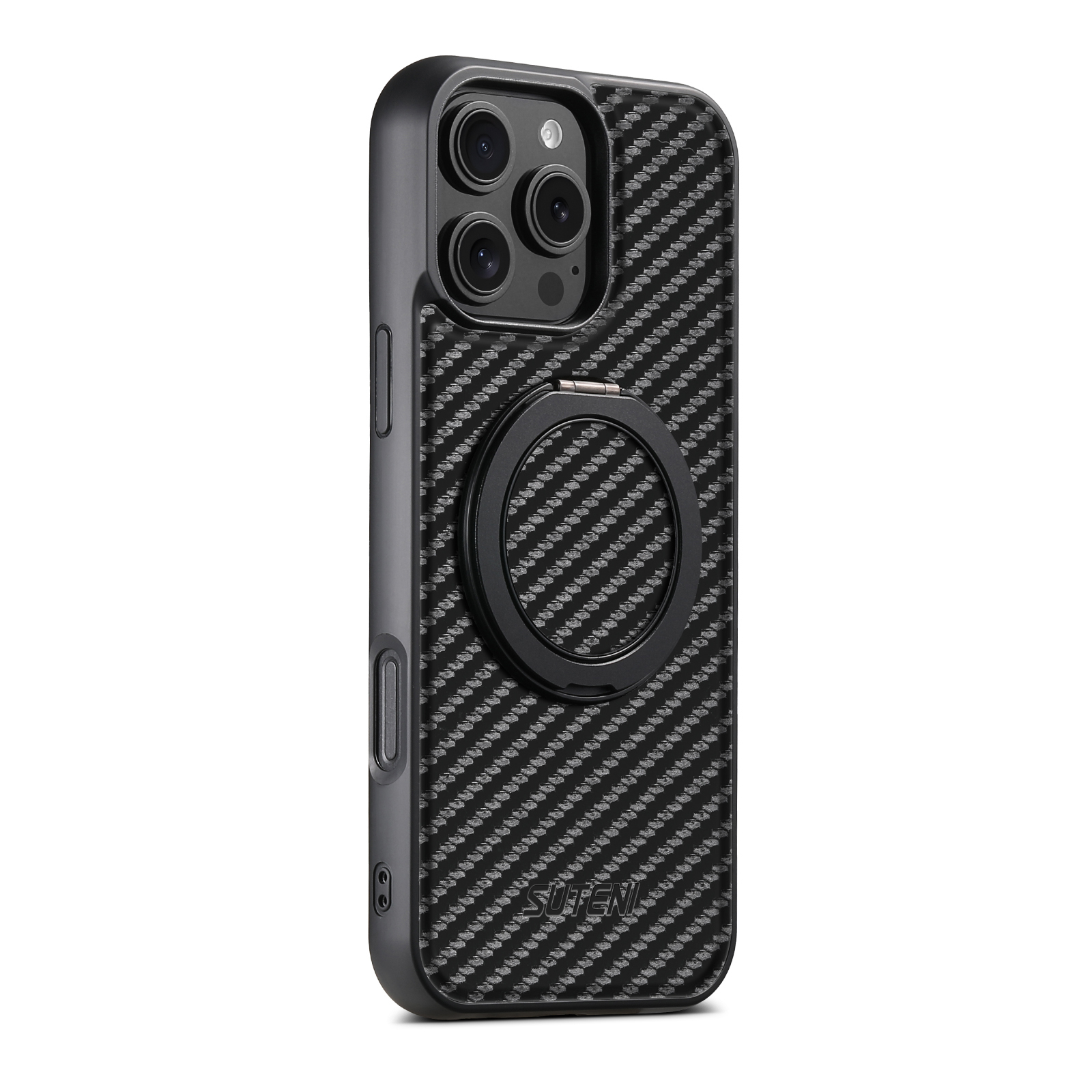 Suteni G3TXW Magnet Wireless Charging Mobile Phone Case 360° Rotating Stand PU Leather Ring Buckle For iPhone 16 Pro Max 15 Plus 14 13 12