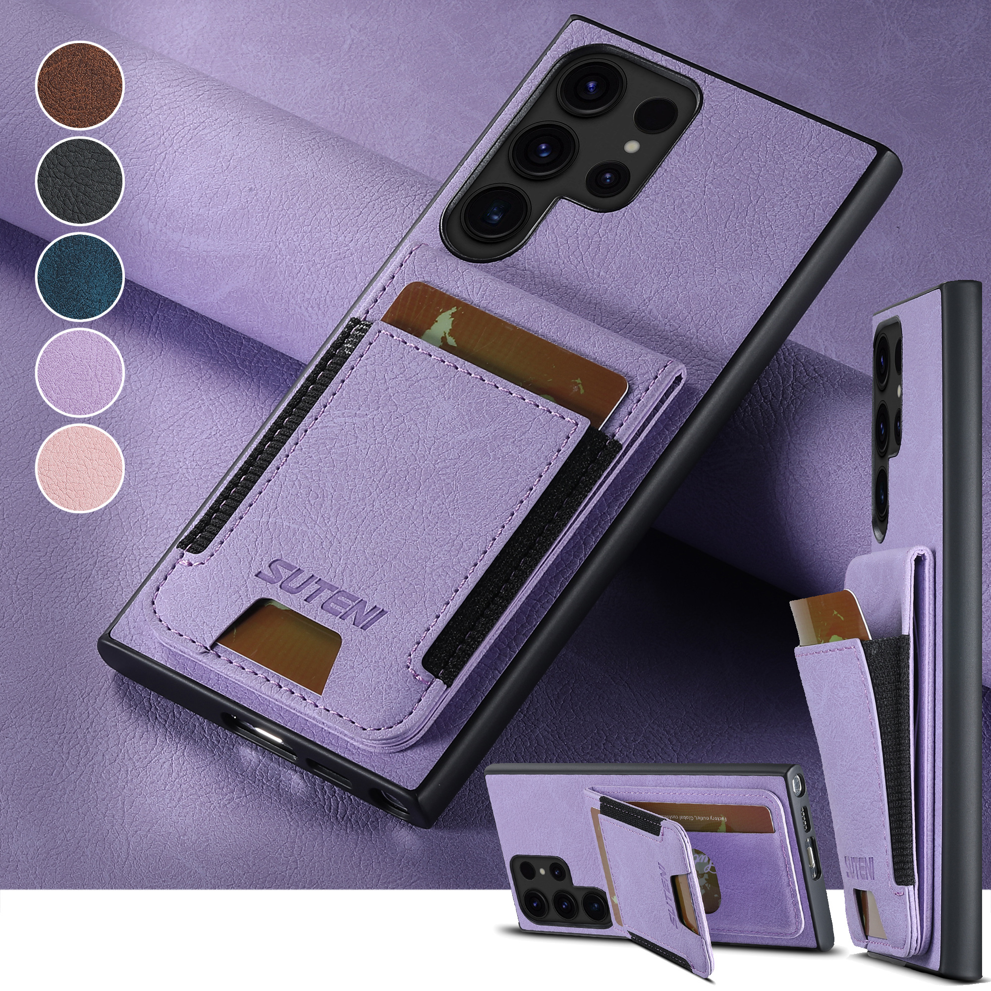 SUTENI H03LZ Luxury PU Leather Card Holder Stand Phone Case Frosted Feel For Samsung S26Ultra S25Plus S24 S23 S22 Note20