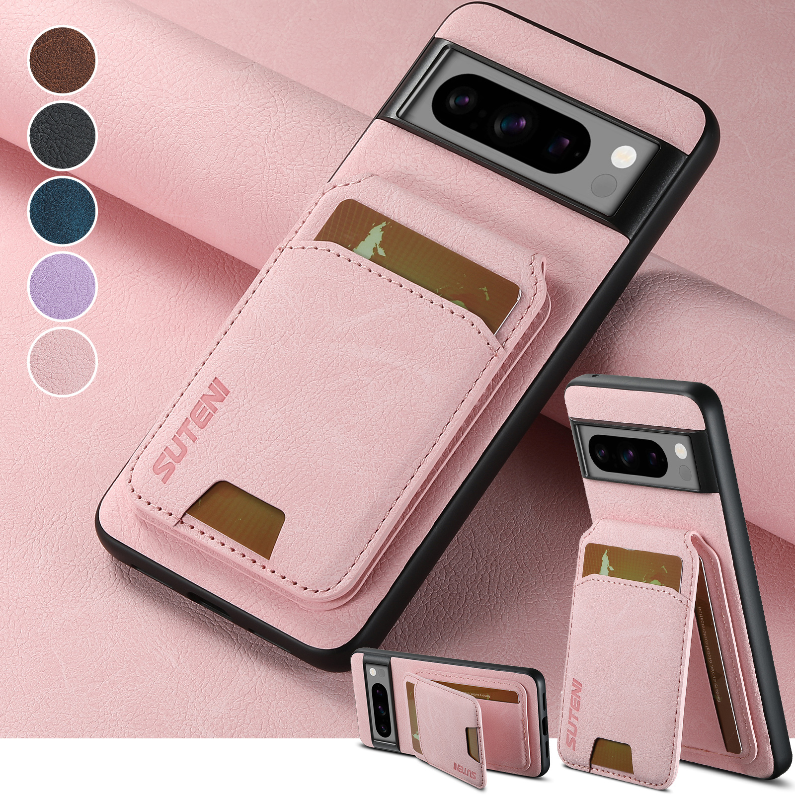 SUTENI H02LZ Luxury Faux Leather Stand Card Holder Phone Case Frosted Feel For Google Pixel 10ProXL 9 8A 7 6