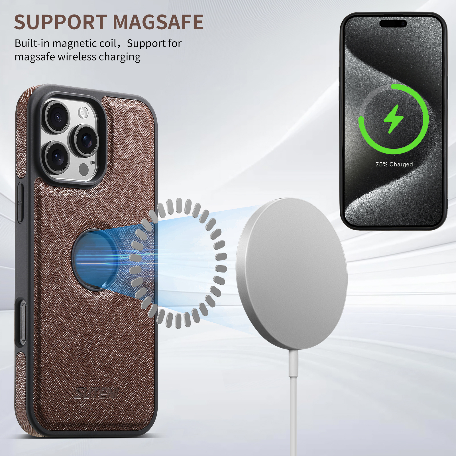 SUTENI G1SZ Luxury PU Leather Magnet Wireless Charging Phone Case For iPhone 16 Pro Max 15 Plus 14 Pro 13 12