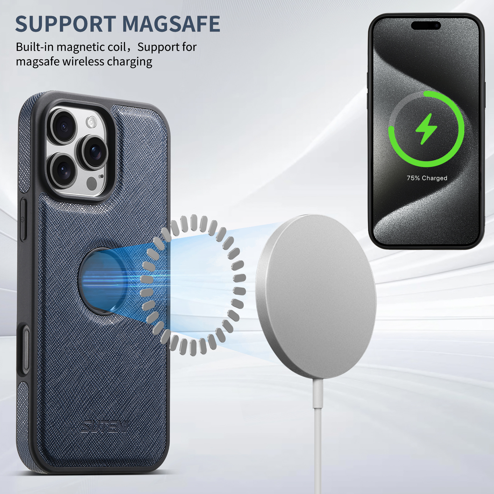 SUTENI G1SZ Luxury PU Leather Magnet Wireless Charging Phone Case For iPhone 16 Pro Max 15 Plus 14 Pro 13 12