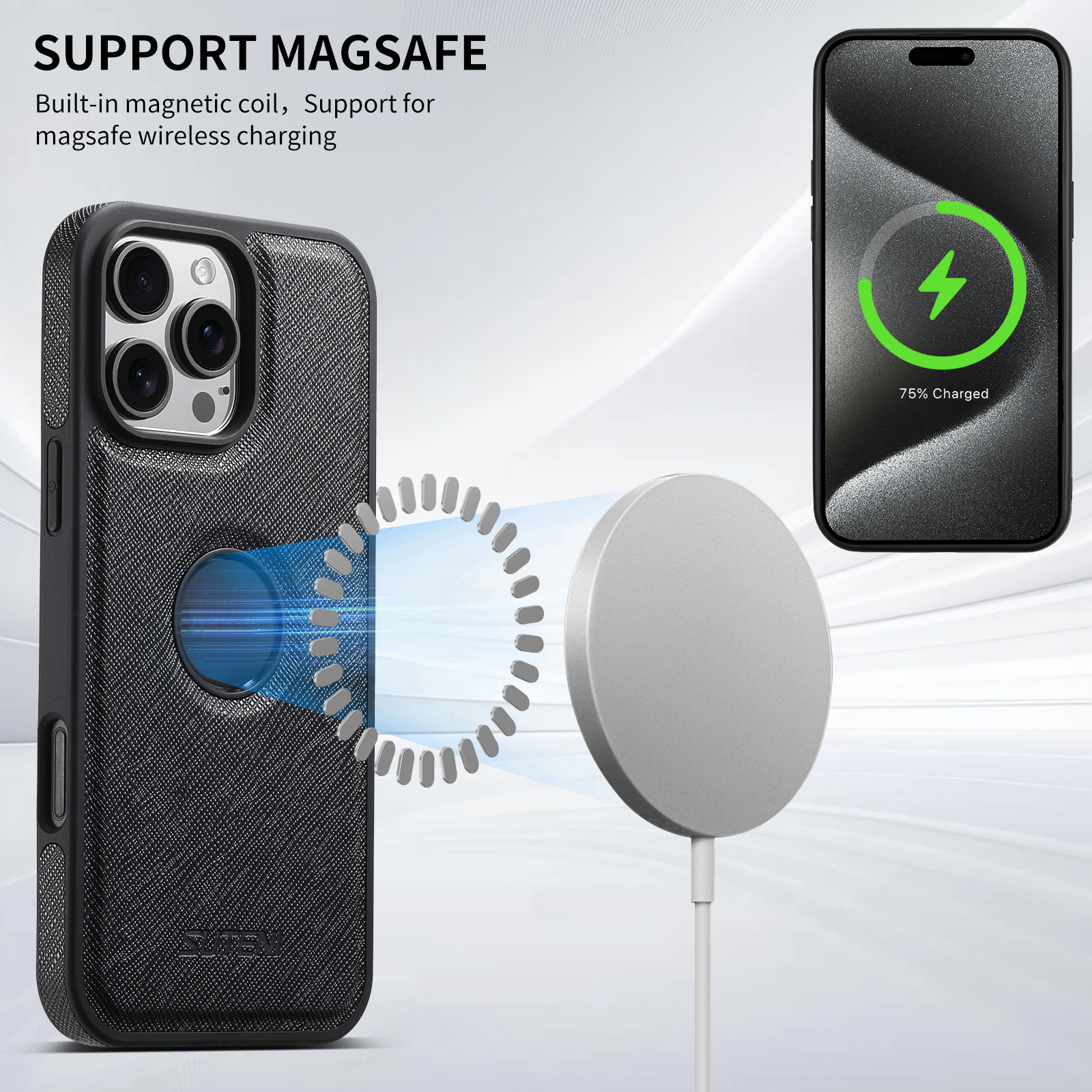 SUTENI G1SZ Luxury PU Leather Magnet Wireless Charging Phone Case For iPhone 16 Pro Max 15 Plus 14 Pro 13 12