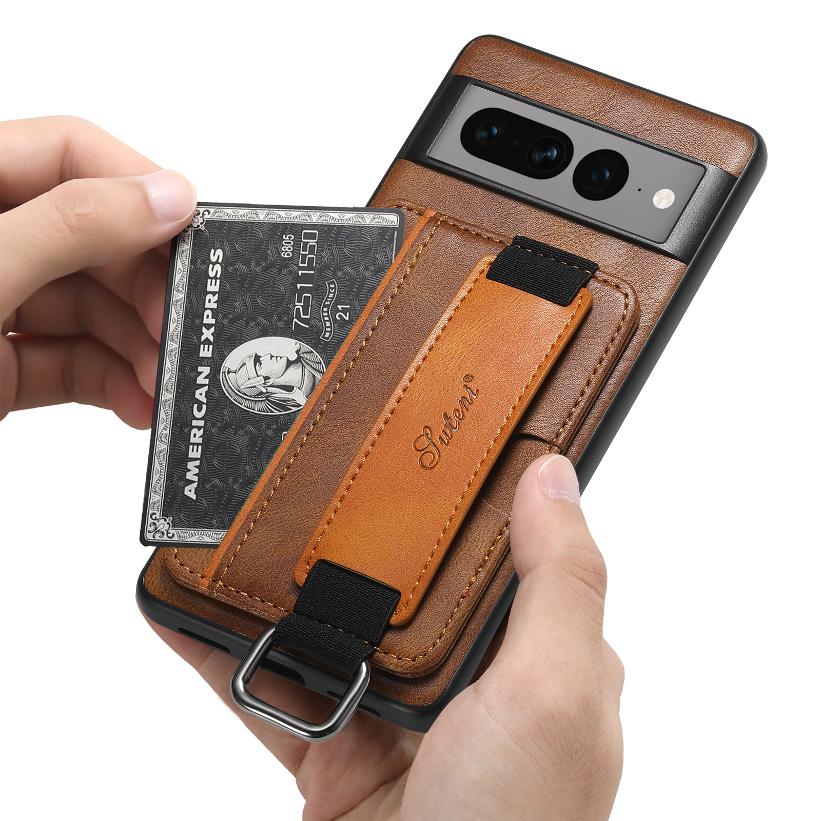 SUTENI H13YL Phone Case Wrist Strap Ring Buckle PU Leather Card Holder Stand For Google Pixel 9XL 8Pro 7A 7P 7 6A 6P 6