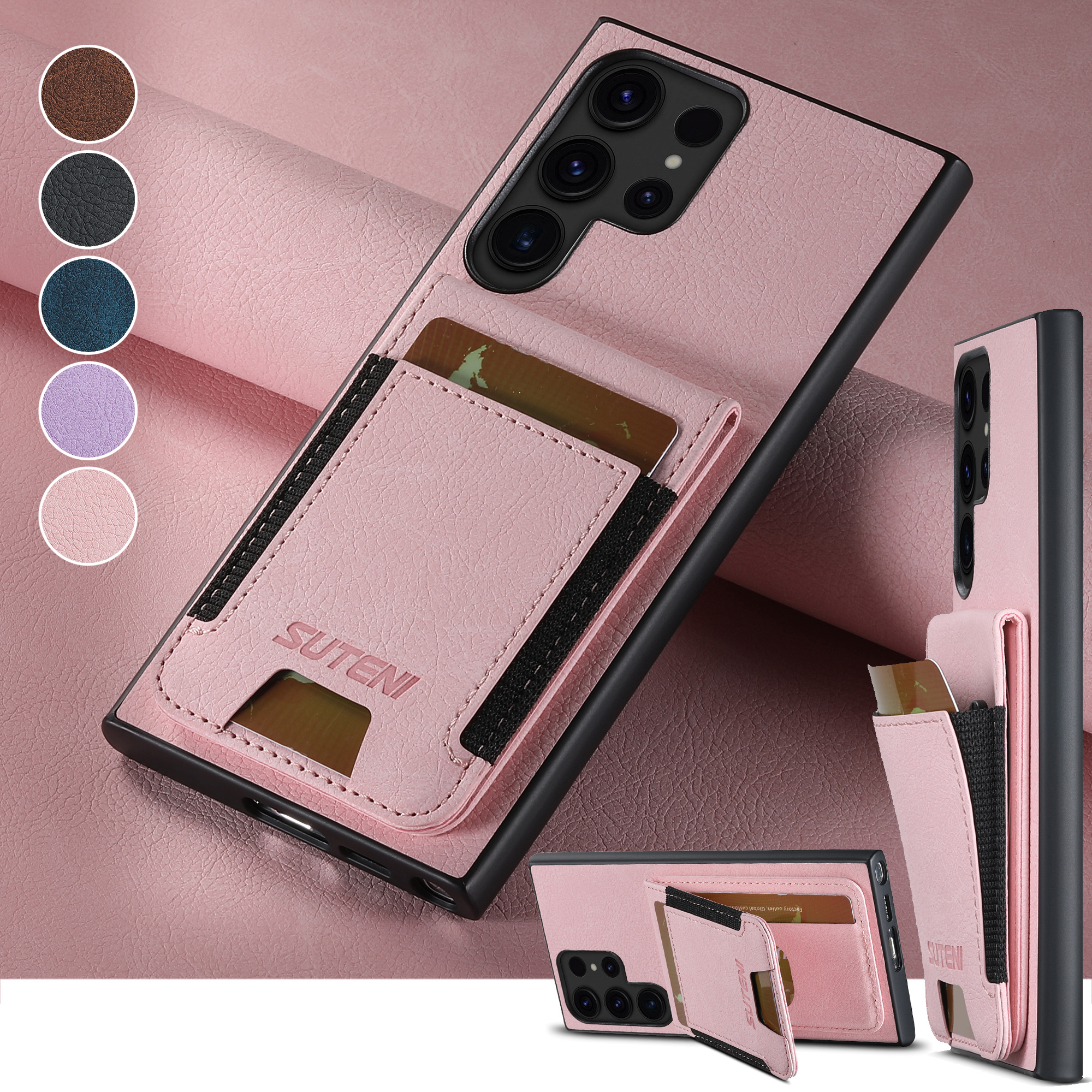 SUTENI H03LZ Luxury PU Leather Card Holder Stand Phone Case Frosted Feel For Samsung S26Ultra S25Plus S24 S23 S22 Note20