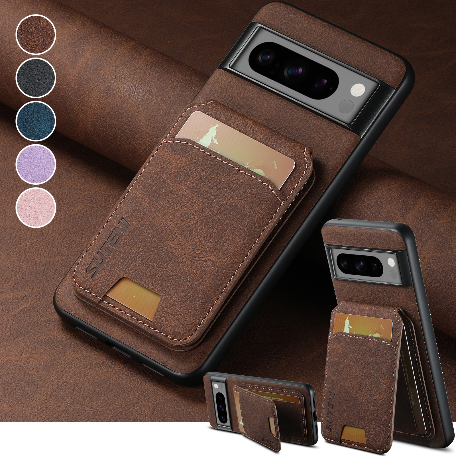 SUTENI H02LZ Luxury PU Leather Stand Card Holder Phone Case Frosted Feel For Google Pixel 9XL 8Pro 7A 6