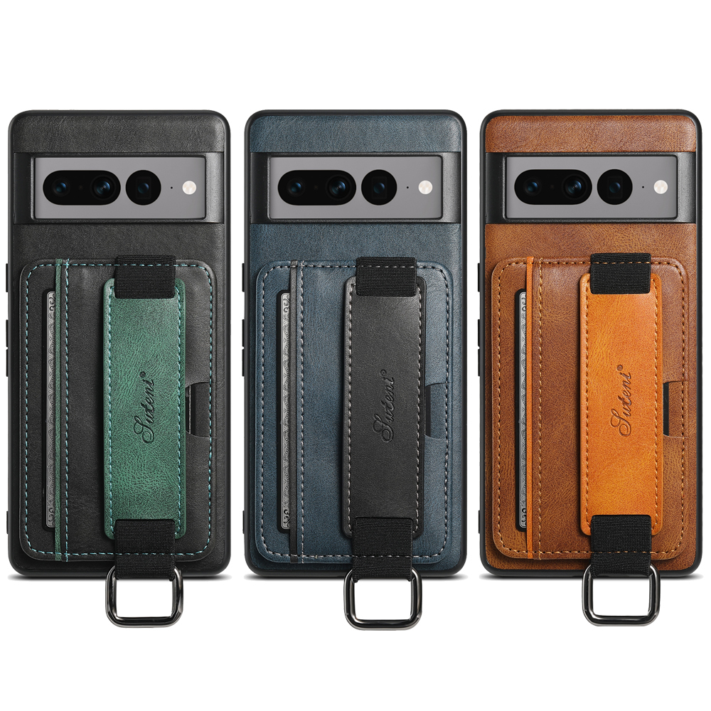 SUTENI H13YL Phone Case Wrist Strap Ring Buckle PU Leather Card Holder Stand For Google Pixel 9XL 8Pro 7A 7P 7 6A 6P 6