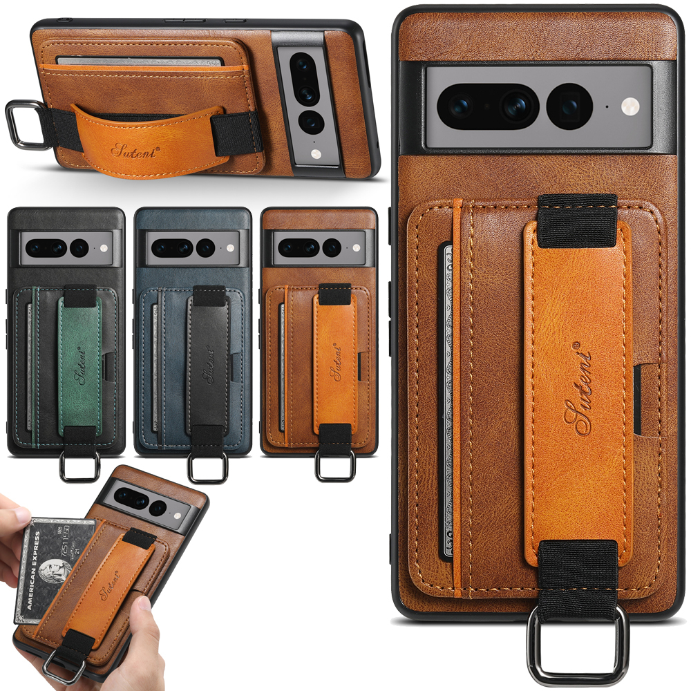 SUTENI H13YL Phone Case Wrist Strap Ring Buckle PU Leather Card Holder Stand For Google Pixel 9XL 8Pro 7A 7P 7 6A 6P 6