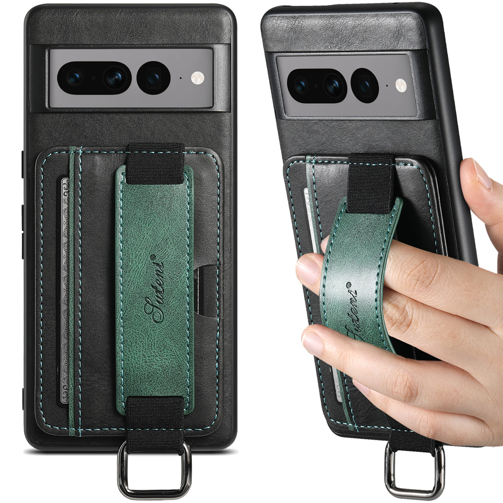 SUTENI H13YL Phone Case Wrist Strap Ring Buckle PU Leather Card Holder Stand For Google Pixel 9XL 8Pro 7A 7P 7 6A 6P 6