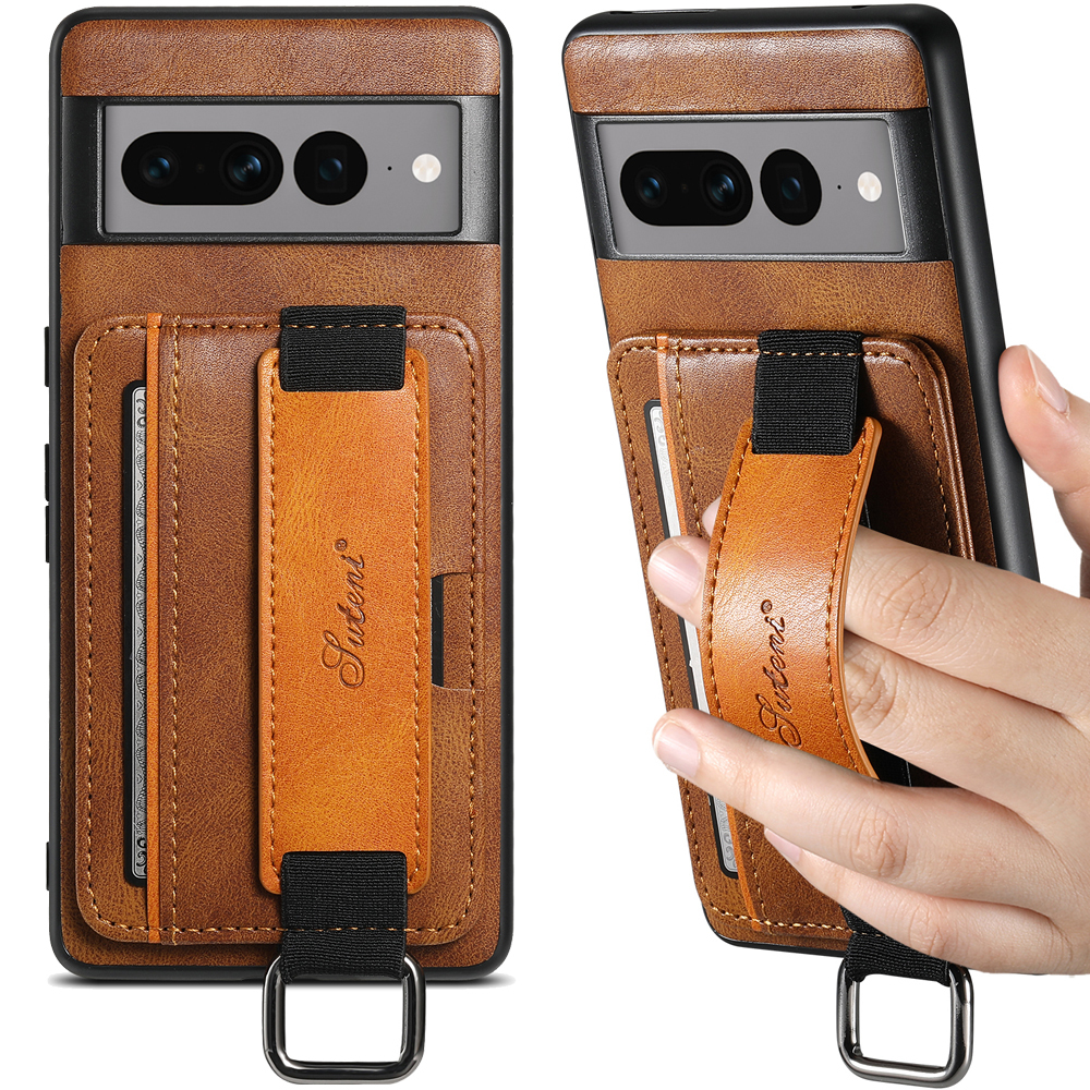 SUTENI H13YL Phone Case Wrist Strap Ring Buckle PU Leather Card Holder Stand For Google Pixel 9XL 8Pro 7A 7P 7 6A 6P 6