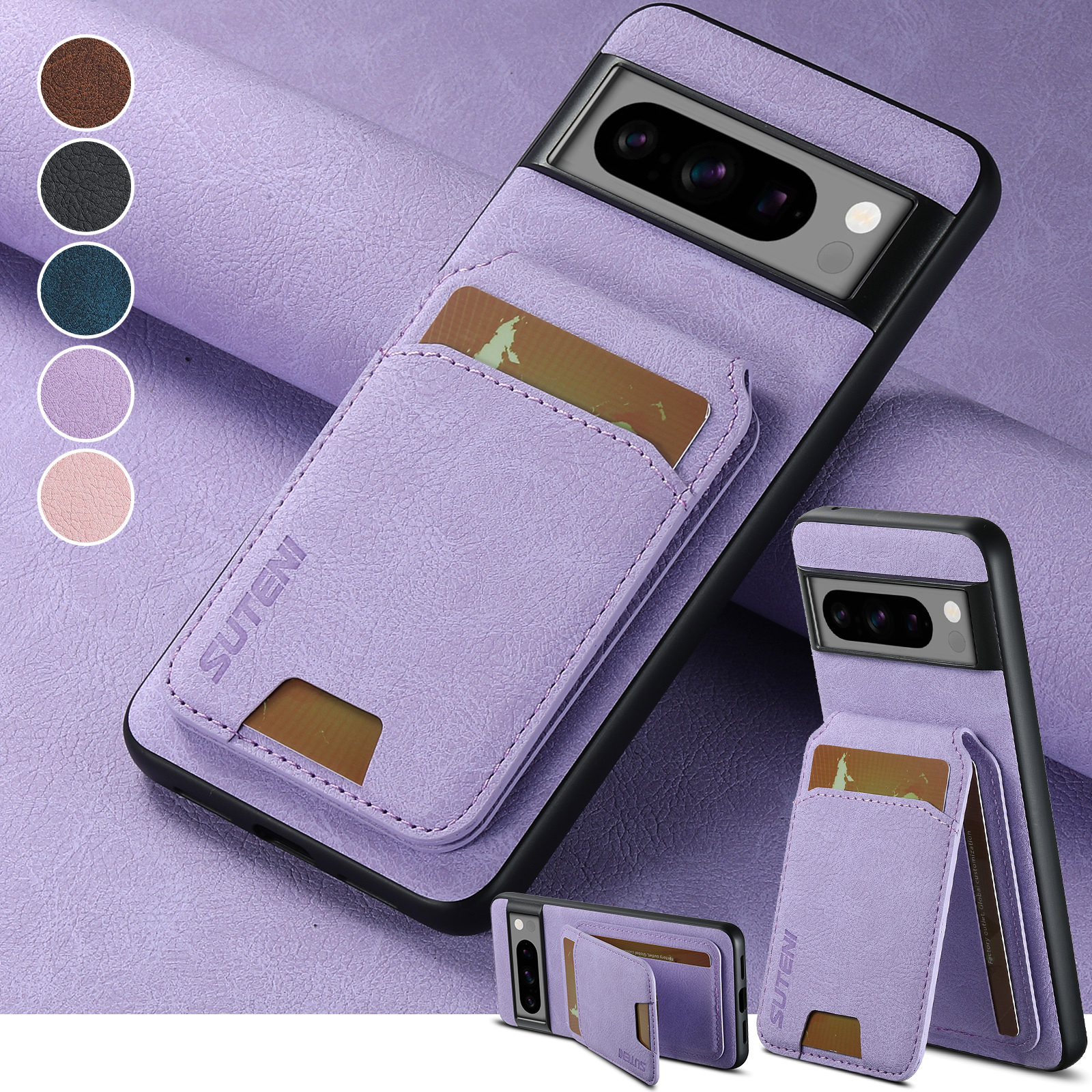 SUTENI H02LZ Luxury Faux Leather Stand Card Holder Phone Case Frosted Feel For Google Pixel 10ProXL 9 8A 7 6