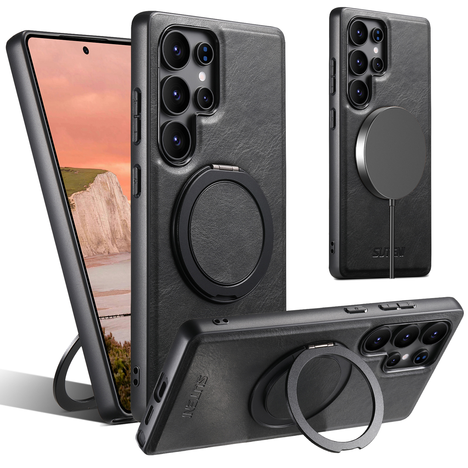 SUTENI G3YL Magnet Wireless Charging Phone Case Oil Wax PU Leather 360° Rotating Stand Buckle For Samsung Galaxy S25Ultra S24 S23 S22