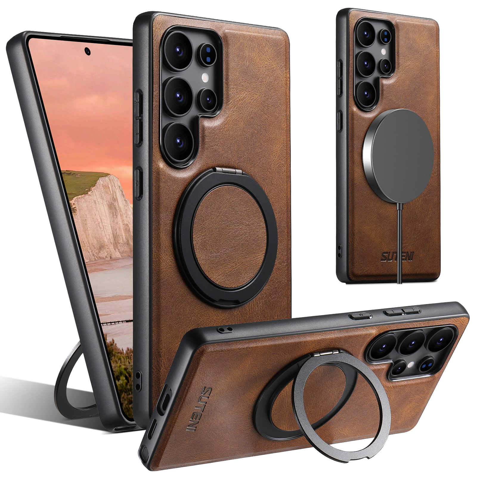 SUTENI G3YL Magnet Wireless Charging Phone Case Oil Wax PU Leather 360° Rotating Stand Buckle For Samsung Galaxy S25Ultra S24 S23 S22