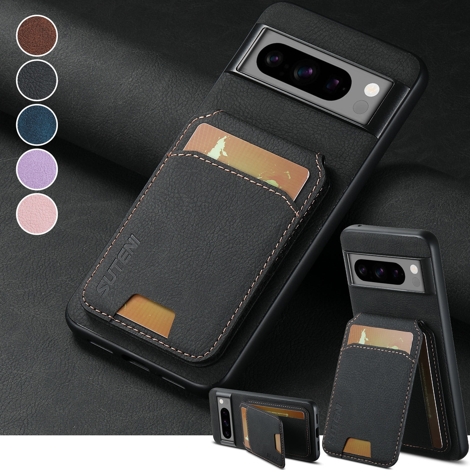 SUTENI H02LZ Luxury PU Leather Stand Card Holder Phone Case Frosted Feel For Google Pixel 9XL 8Pro 7A 6
