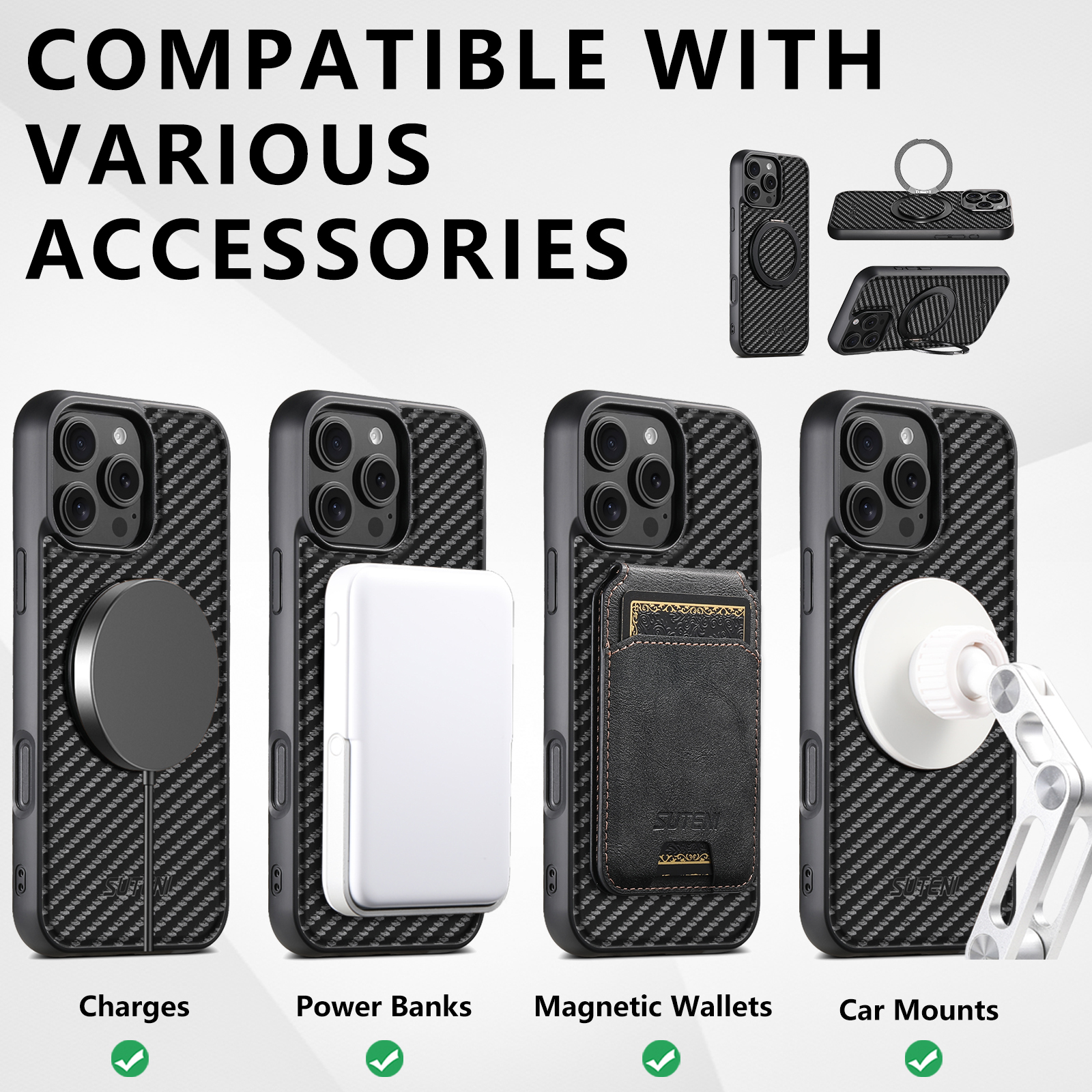 Suteni G3TXW Magnet Wireless Charging Mobile Phone Case 360° Rotating Stand PU Leather Ring Buckle For iPhone 16 Pro Max 15 Plus 14 13 12