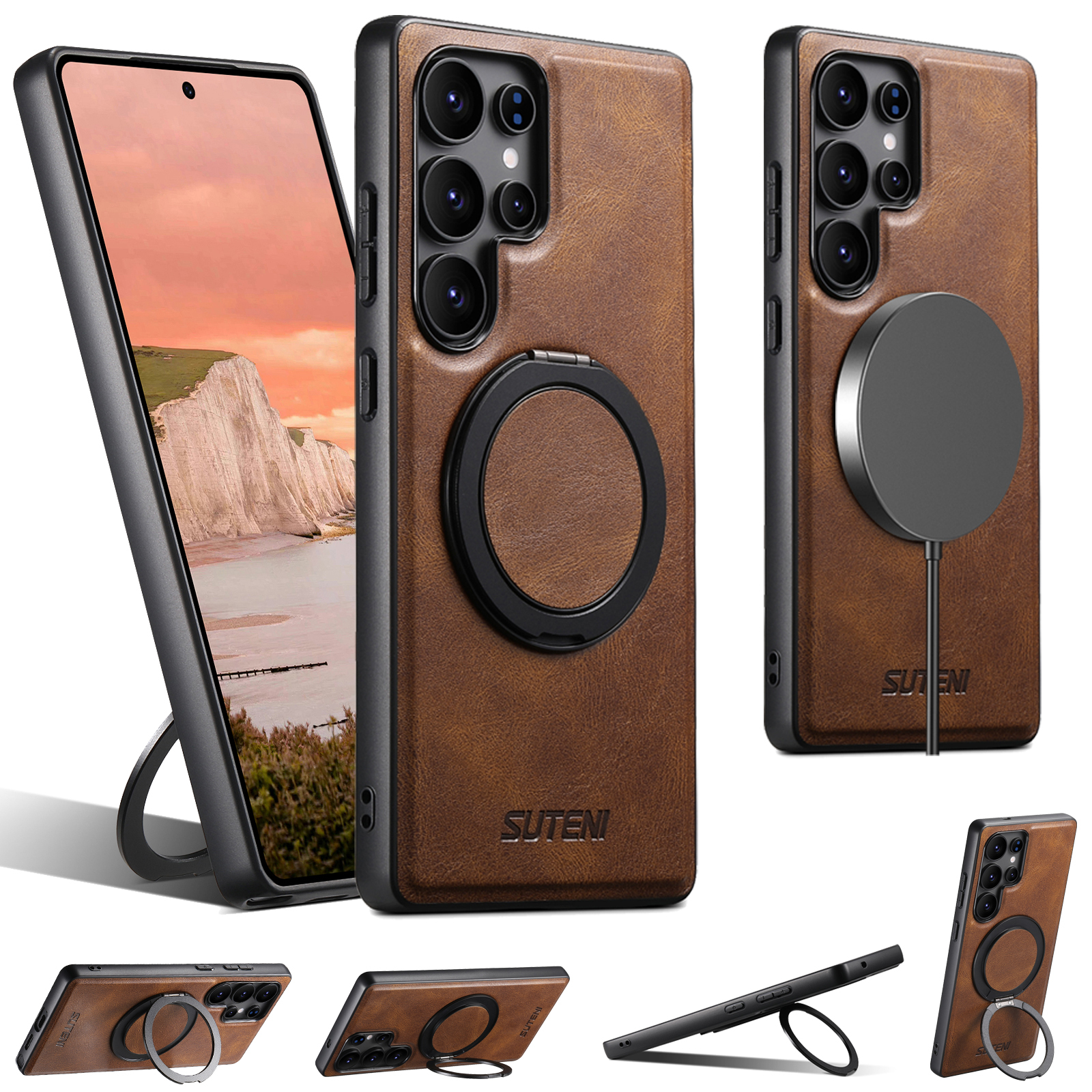 SUTENI G3YL Magnet Wireless Charging Phone Case Oil Wax PU Leather 360° Rotating Stand Buckle For Samsung Galaxy S25Ultra S24 S23 S22