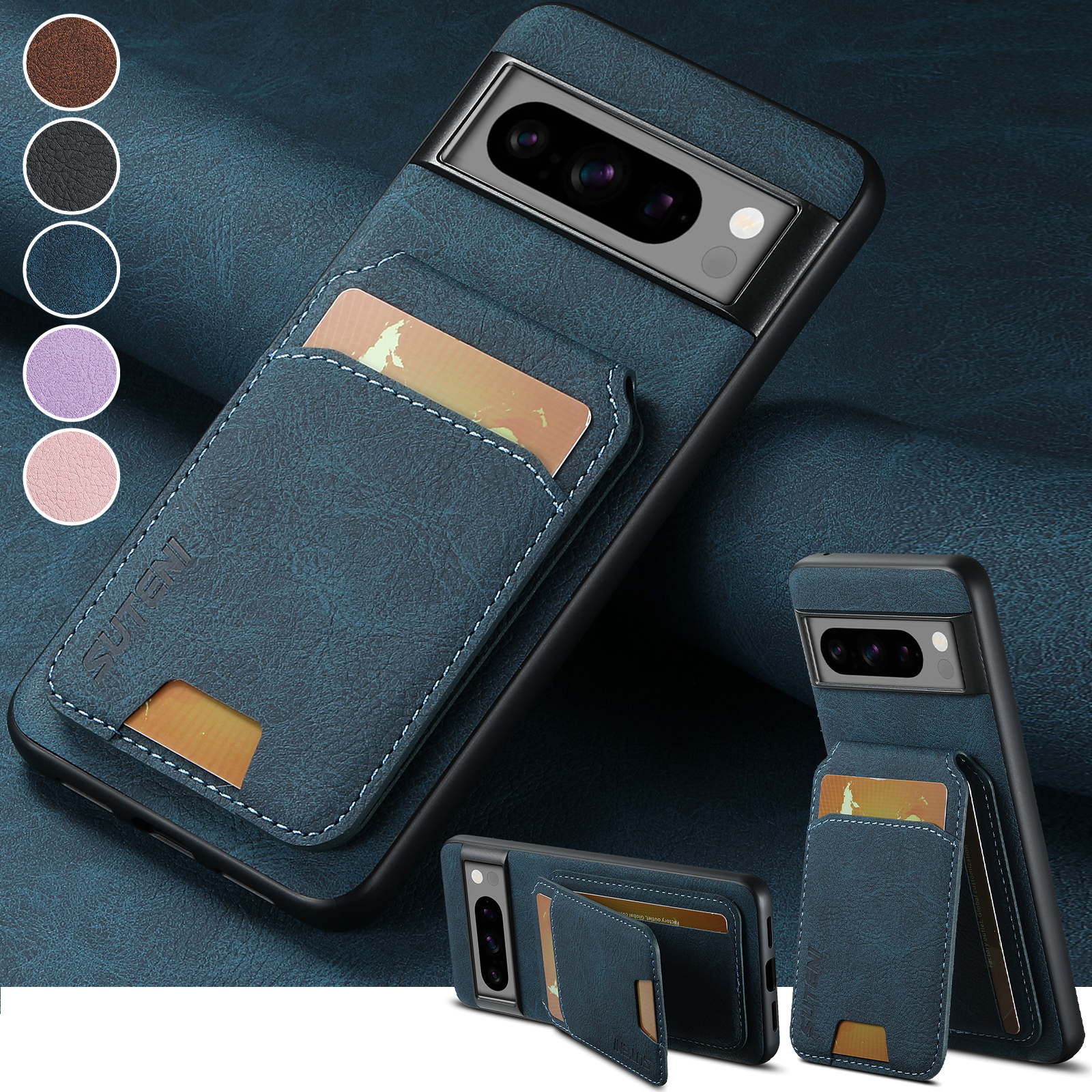 SUTENI H02LZ Luxury PU Leather Stand Card Holder Phone Case Frosted Feel For Google Pixel 9XL 8Pro 7A 6