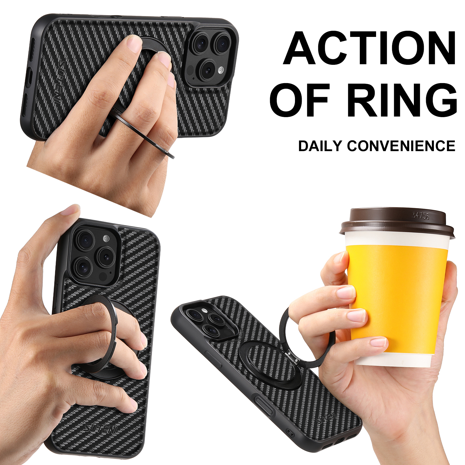 Suteni G3TXW Magnet Wireless Charging Mobile Phone Case 360° Rotating Stand PU Leather Ring Buckle For iPhone 16 Pro Max 15 Plus 14 13 12