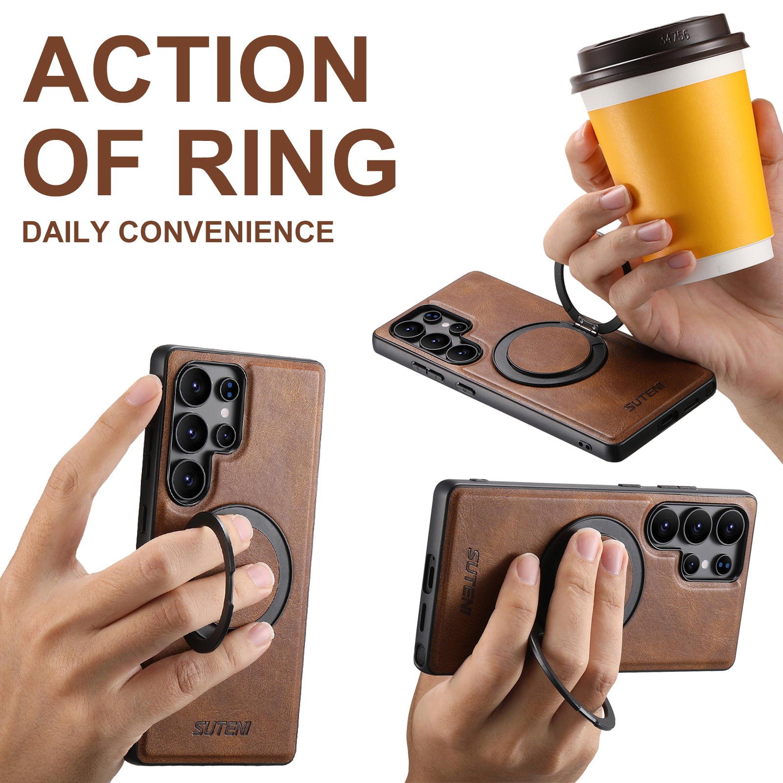 SUTENI G3YL Magnet Wireless Charging Phone Case Oil Wax PU Leather 360° Rotating Stand Buckle For Samsung Galaxy S25Ultra S24 S23 S22