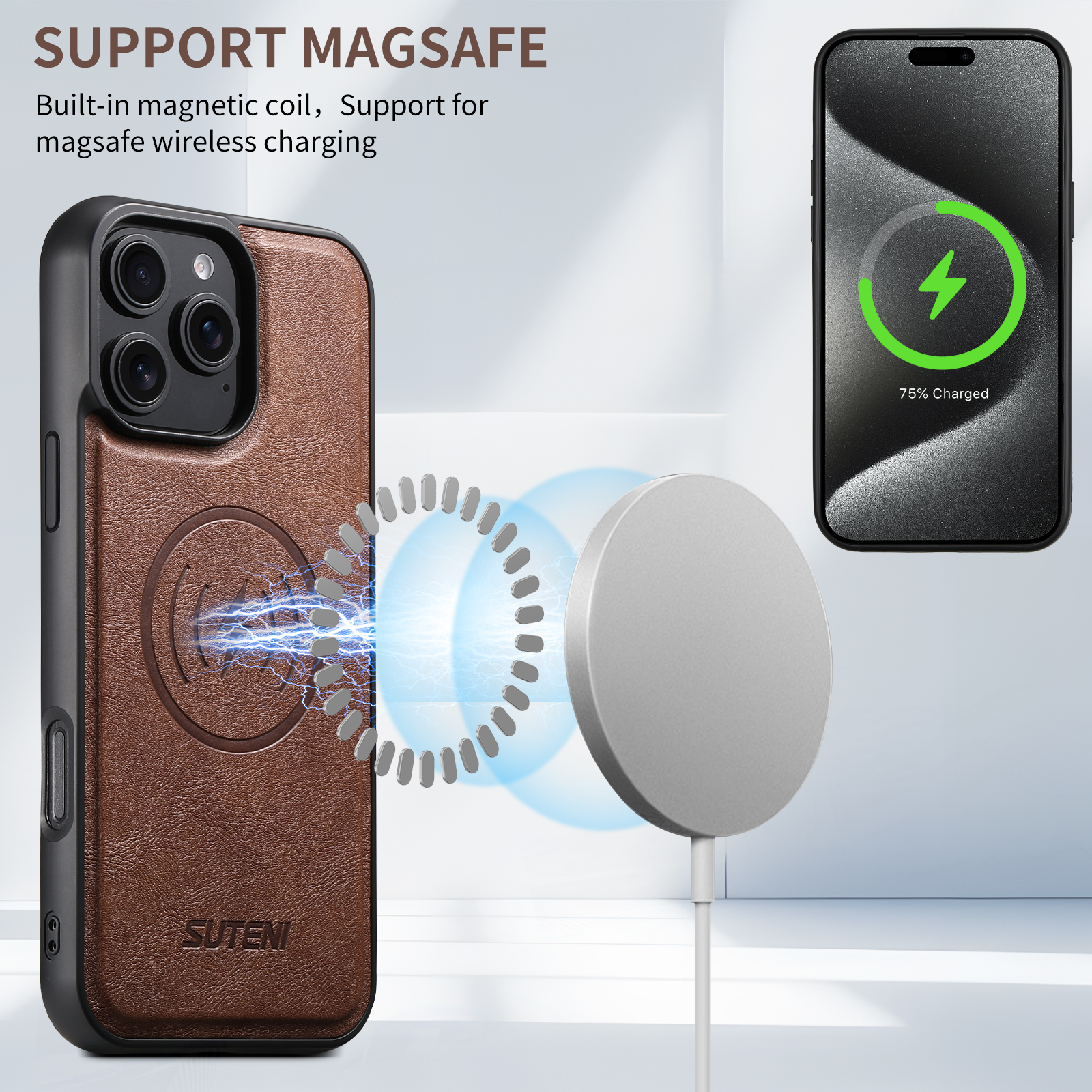 SUTENI G5 Frosted Feel PU Leather Magnet Wireless Charging Phone Case For iPhone 16 Pro Max 15 Plus 14 Pro 13 12