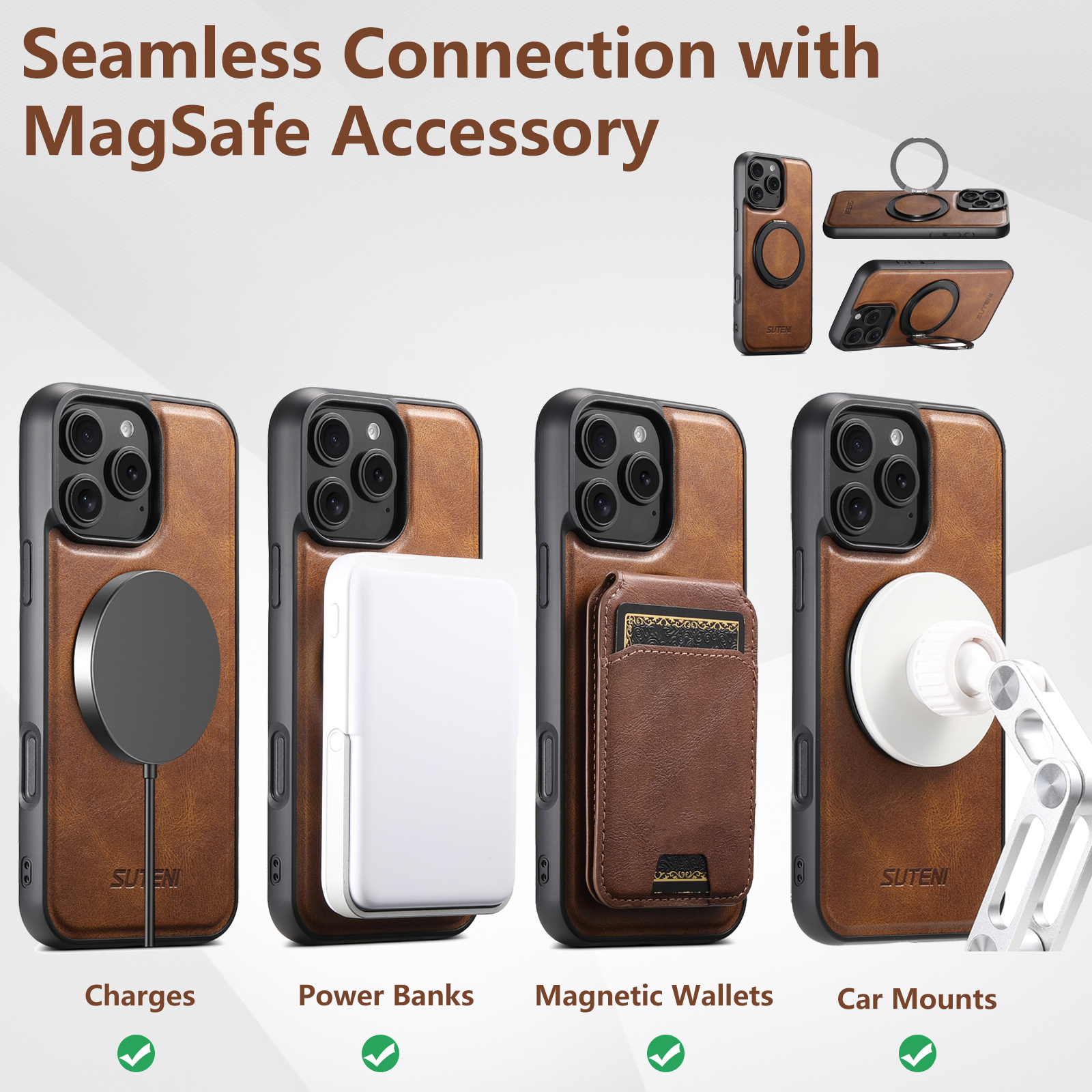 SUTENI G3YL Oil Wax PU Leather Wireless Charging Phone Case 360° Rotating Stand Buckle For iPhone 16 Pro Max 15 Plus 14 Pro 13 12