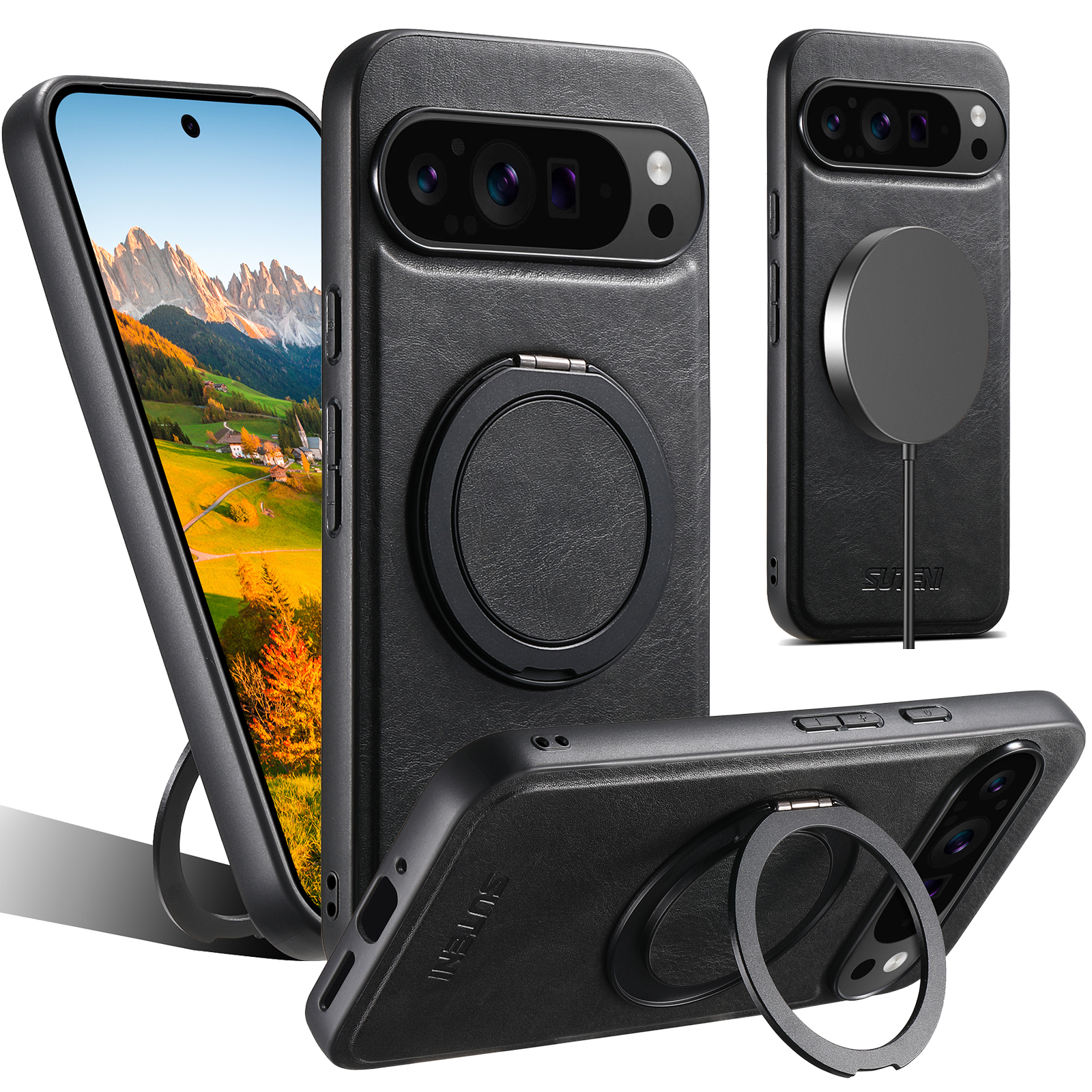 SUTENI G3YL PU Leather Oil Wax Magnet Wireless Charging Phone Case 360° Rotating Stand Buckle For Google Pixel 9XL 8Pro 7A 6