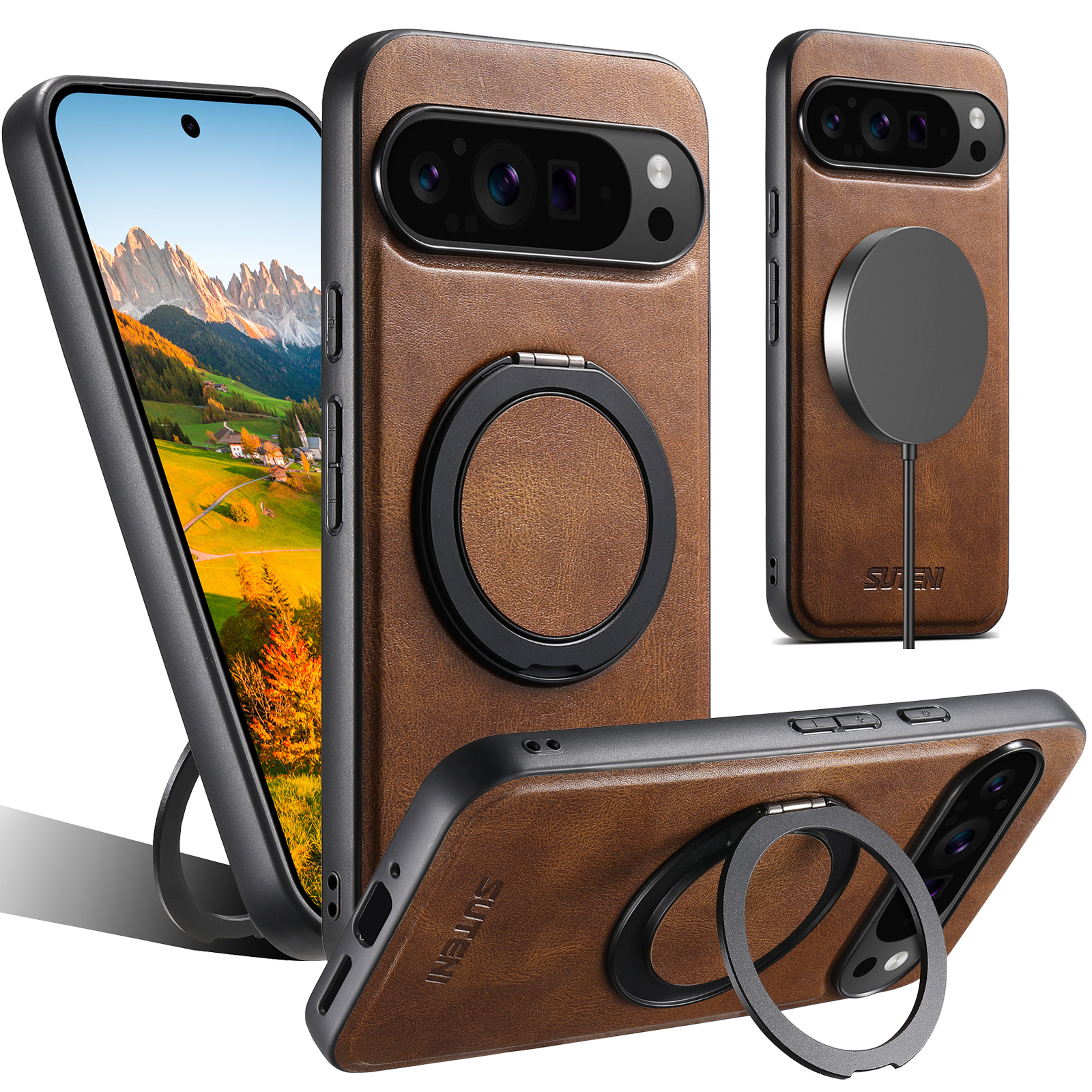 SUTENI G3YL PU Leather Oil Wax Magnet Wireless Charging Phone Case 360° Rotating Stand Buckle For Google Pixel 9XL 8Pro 7A 6