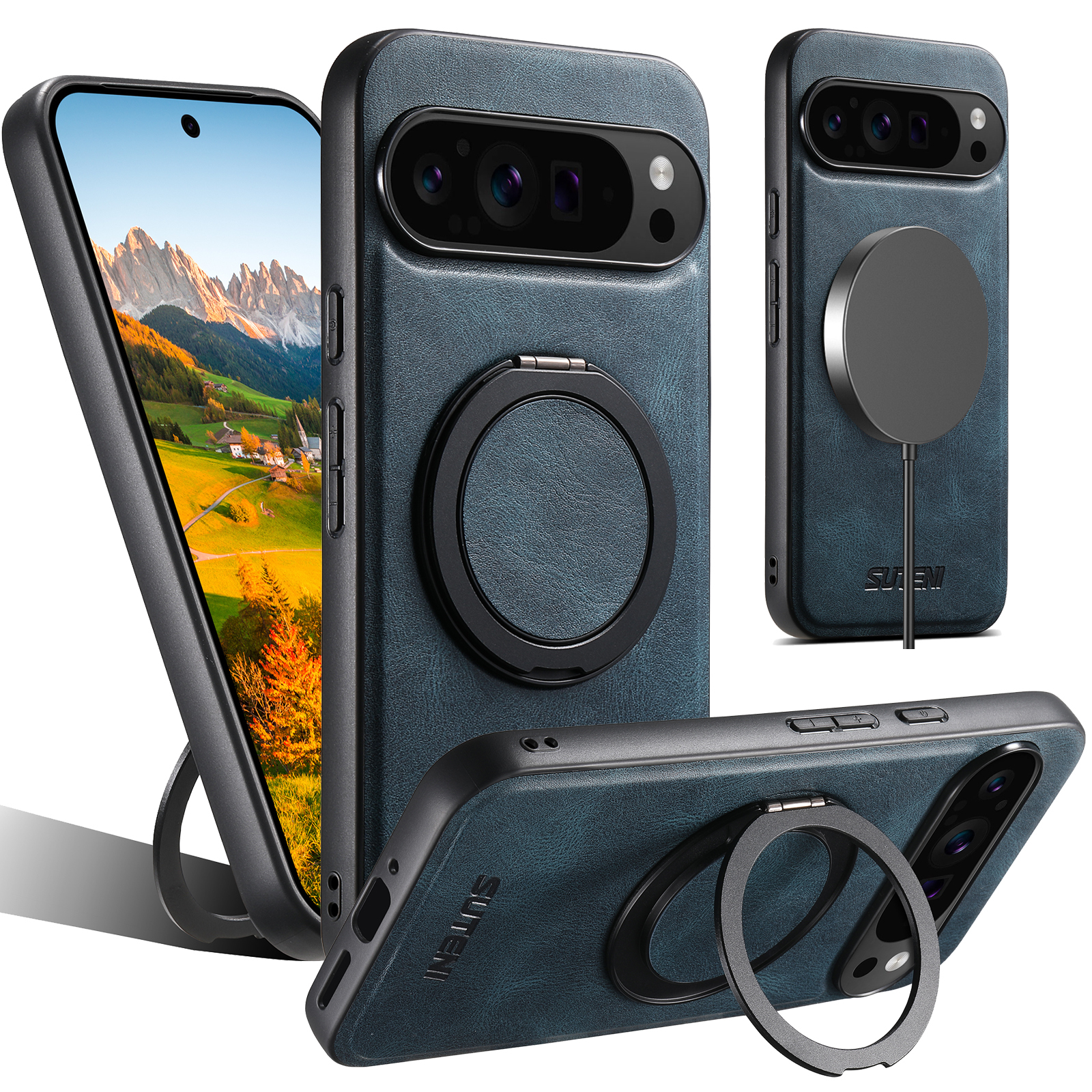 SUTENI G3YL PU Leather Oil Wax Magnet Wireless Charging Phone Case 360° Rotating Stand Buckle For Google Pixel 9XL 8Pro 7A 6