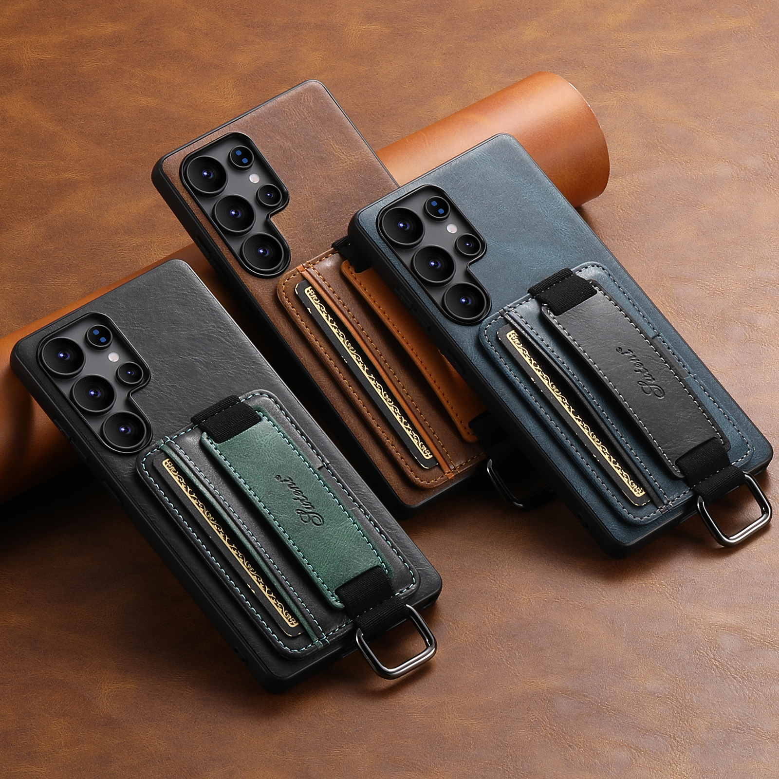 SUTENI H13YL Phone Case Wrist Strap Ring Buckle PU Leather Card Holder Stand For Samsung S25Ultra S24Plus S23 S22 Note20