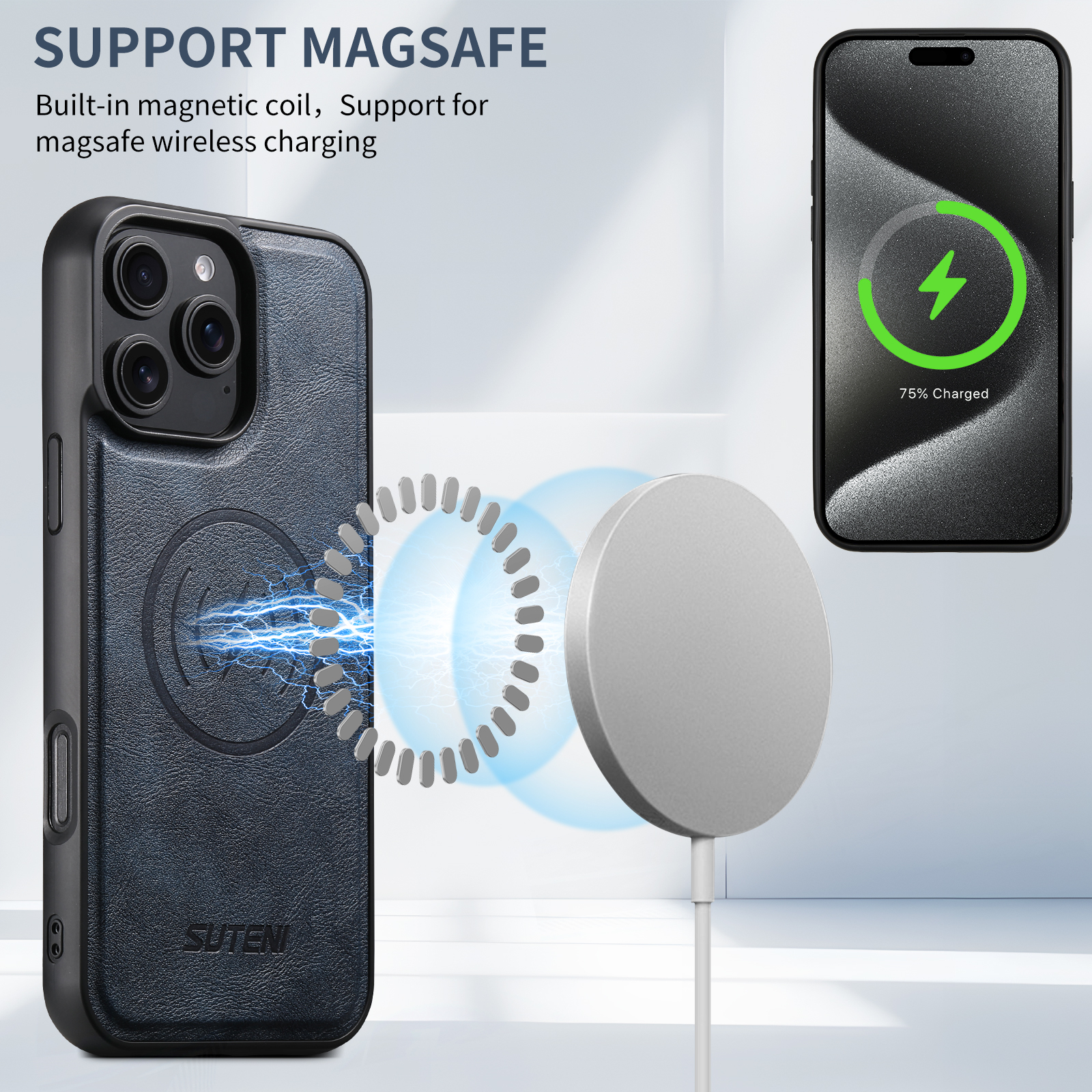 SUTENI G5 Frosted Feel PU Leather Magnet Wireless Charging Phone Case For iPhone 16 Pro Max 15 Plus 14 Pro 13 12
