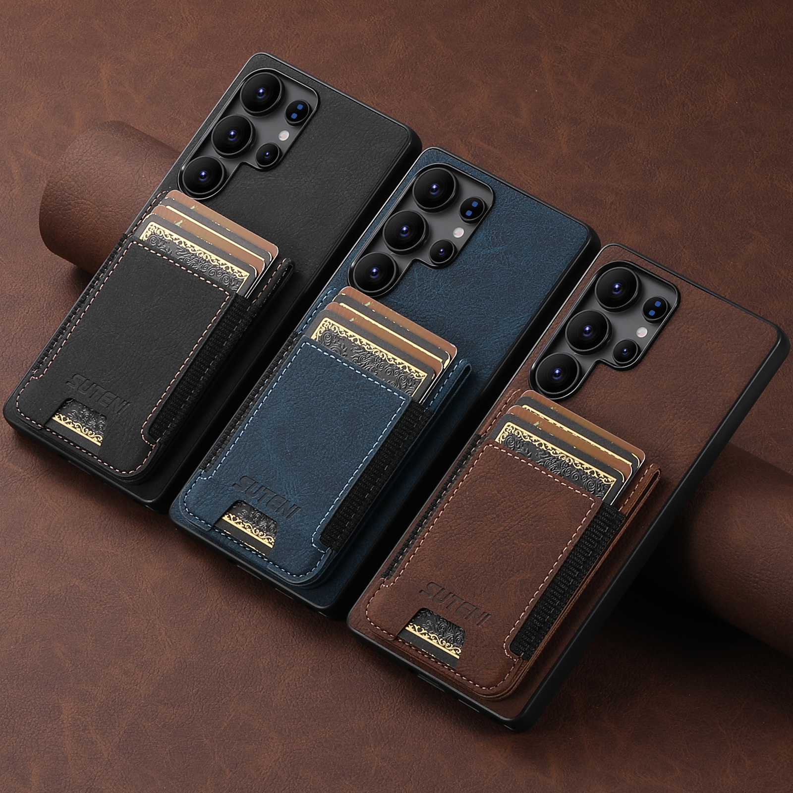 SUTENI H03LZ Luxury PU Leather Card Holder Stand Phone Case Frosted Feel For Samsung S25Ultra S24Plus S23 S22 Note20